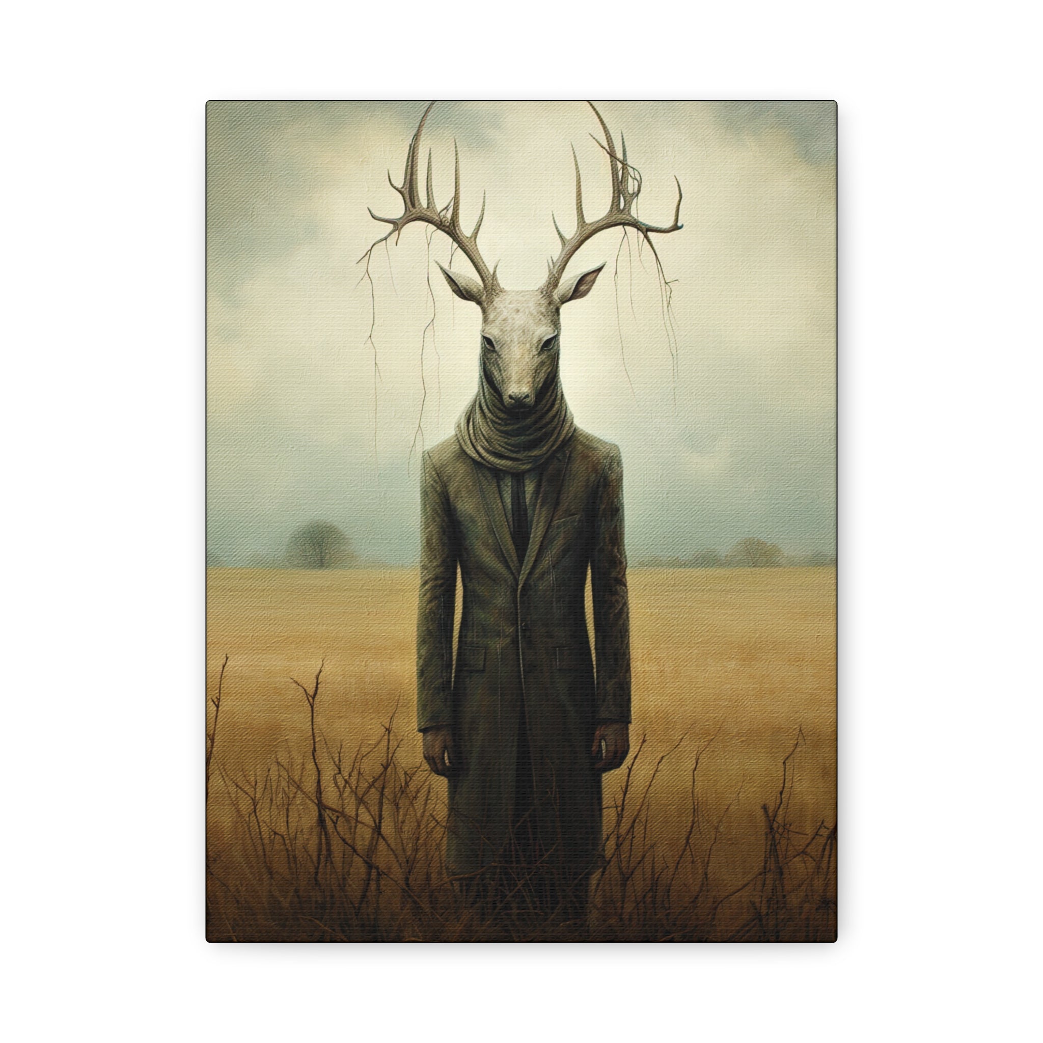 Folk Horror Deer Canvas Art Print, Surreal Nature Wall Decor, Unique Gift for Animal Lovers, Modern Home Aesthetic, Gothic Room Accent
