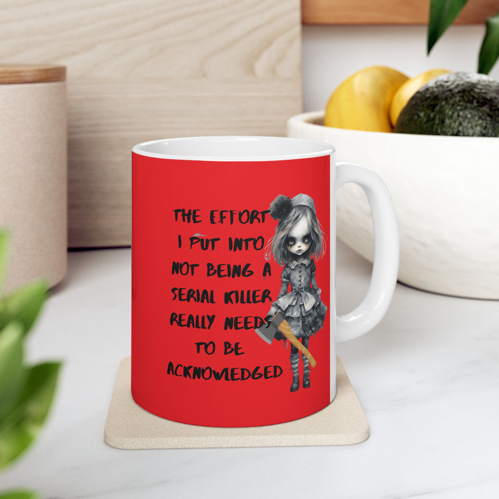 Creepy Doll Ceramic Mug - Unique Gift for Art Lovers, Coffee & Tea Enthusiasts, Home Decor, Office Supplies, Vibrant Red Design