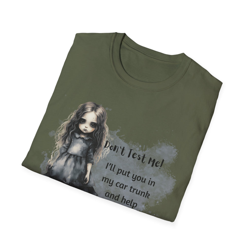 Creepy Doll  Humor T-Shirt, Unisex Softstyle Tee, Quirky Graphic Shirt, Halloween Outfit, Unique Gift Idea, Funny Apparel