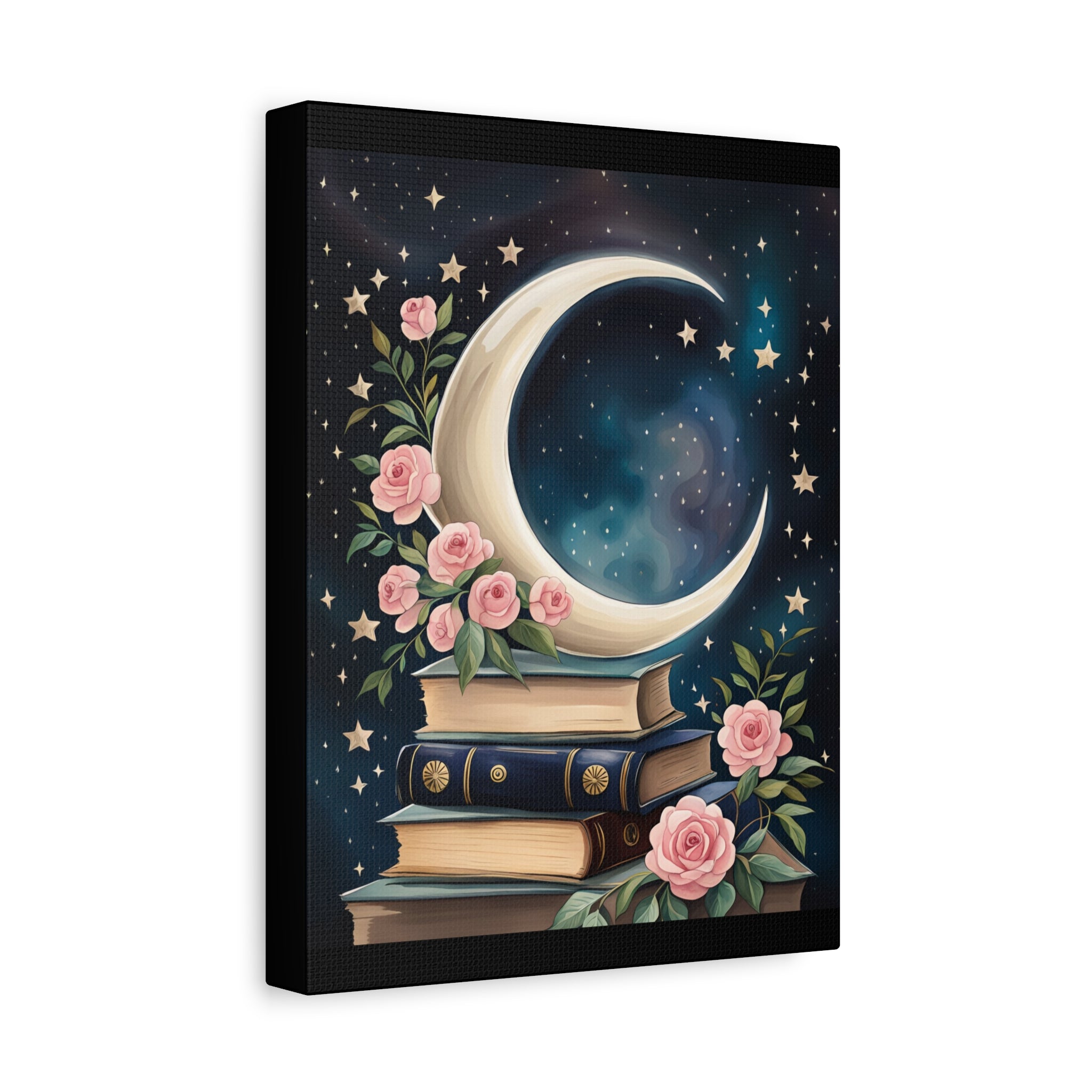 Moonlit Bookshelf Canvas Art, Starry Sky Decor, Floral Wall Art, Gift for Book Lovers, Nursery & Study Room Decoration