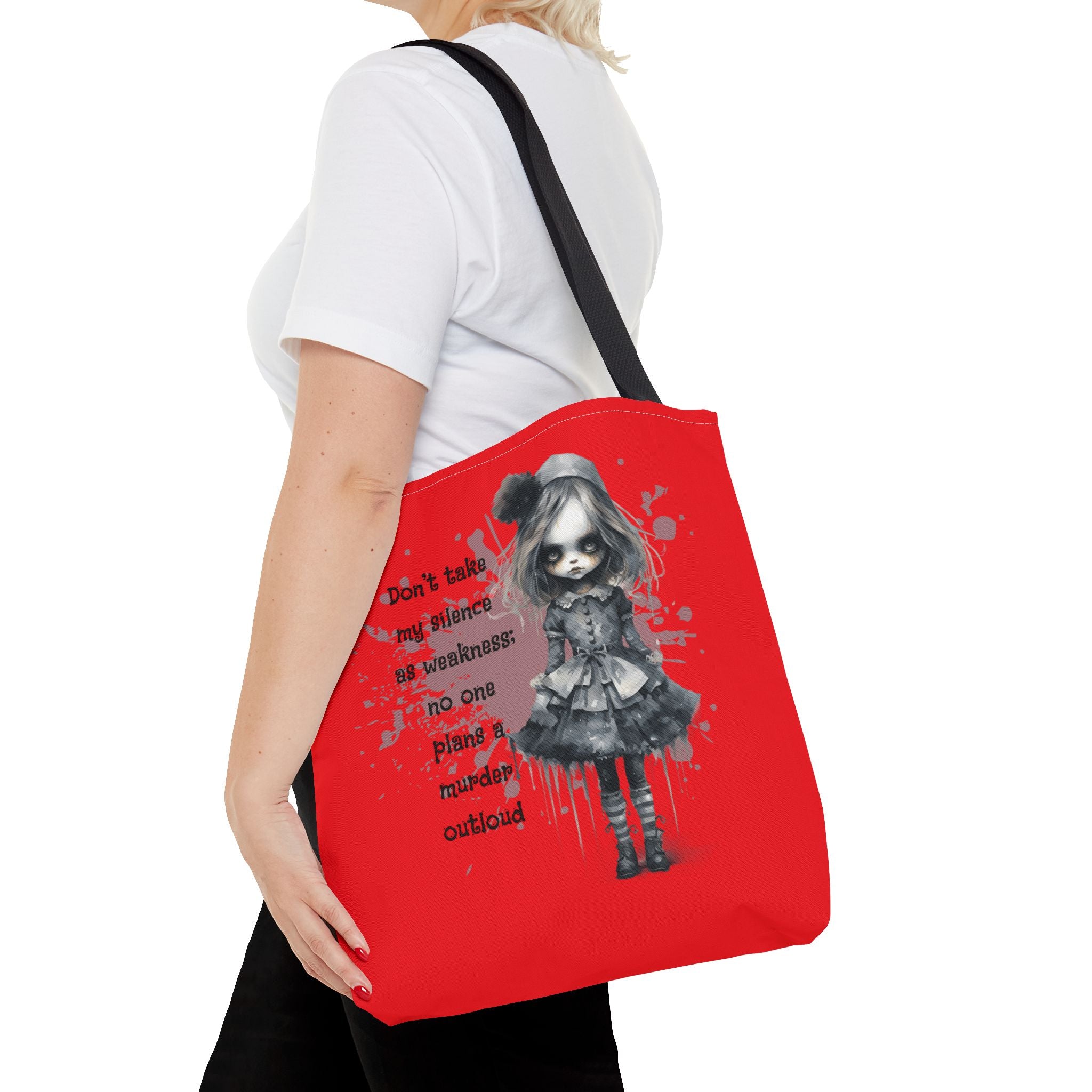 Creepy Doll Tote Bag: Don't Take My Silence As Weakness, Canvas Bag, Goth Style, Everyday Tote, Gift for Her