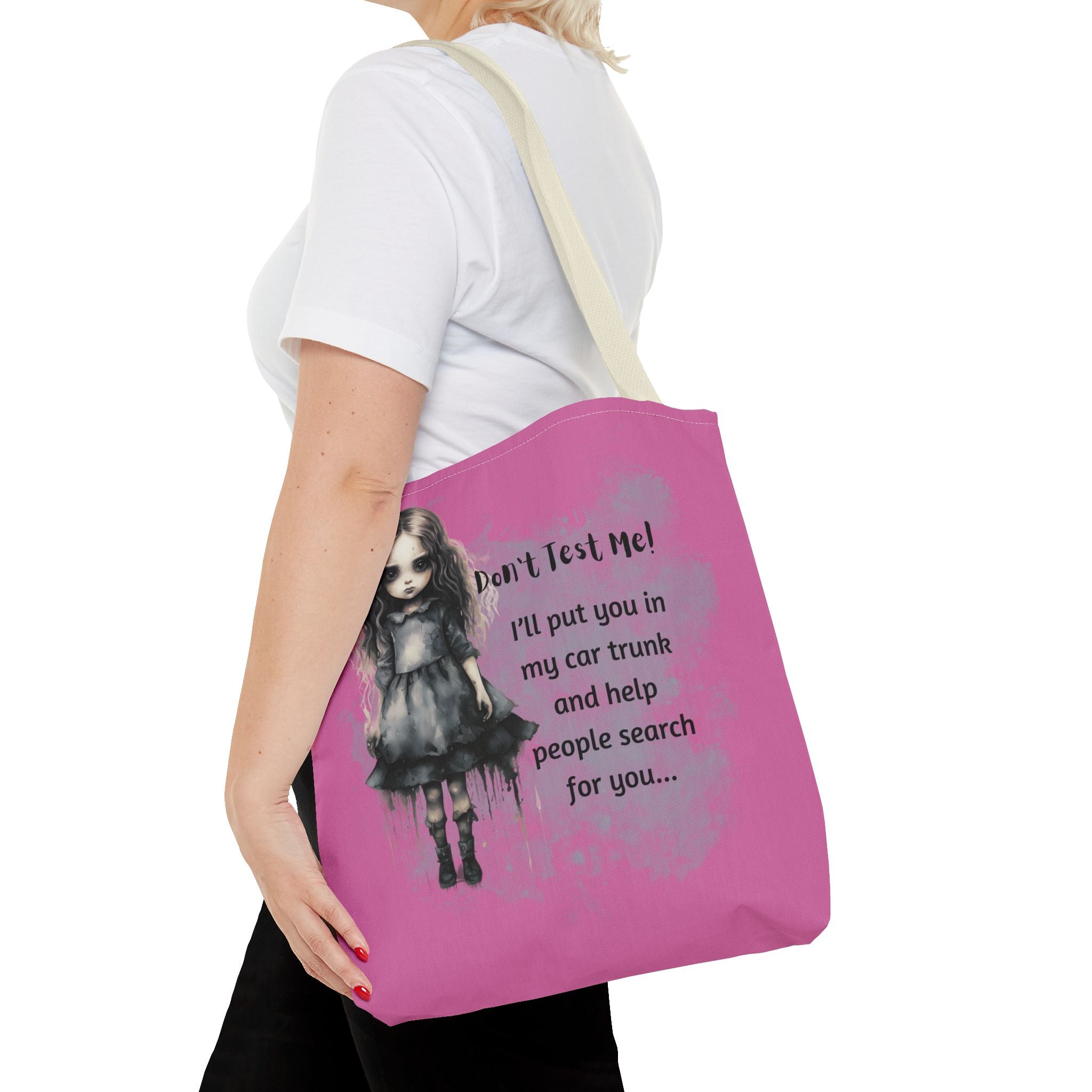 Creepy Doll Tote Bag - Don't Test Me! - Unique Gift for Halloween, Everyday Use, Horror Lovers, Dark Aesthetic, Funny Bags