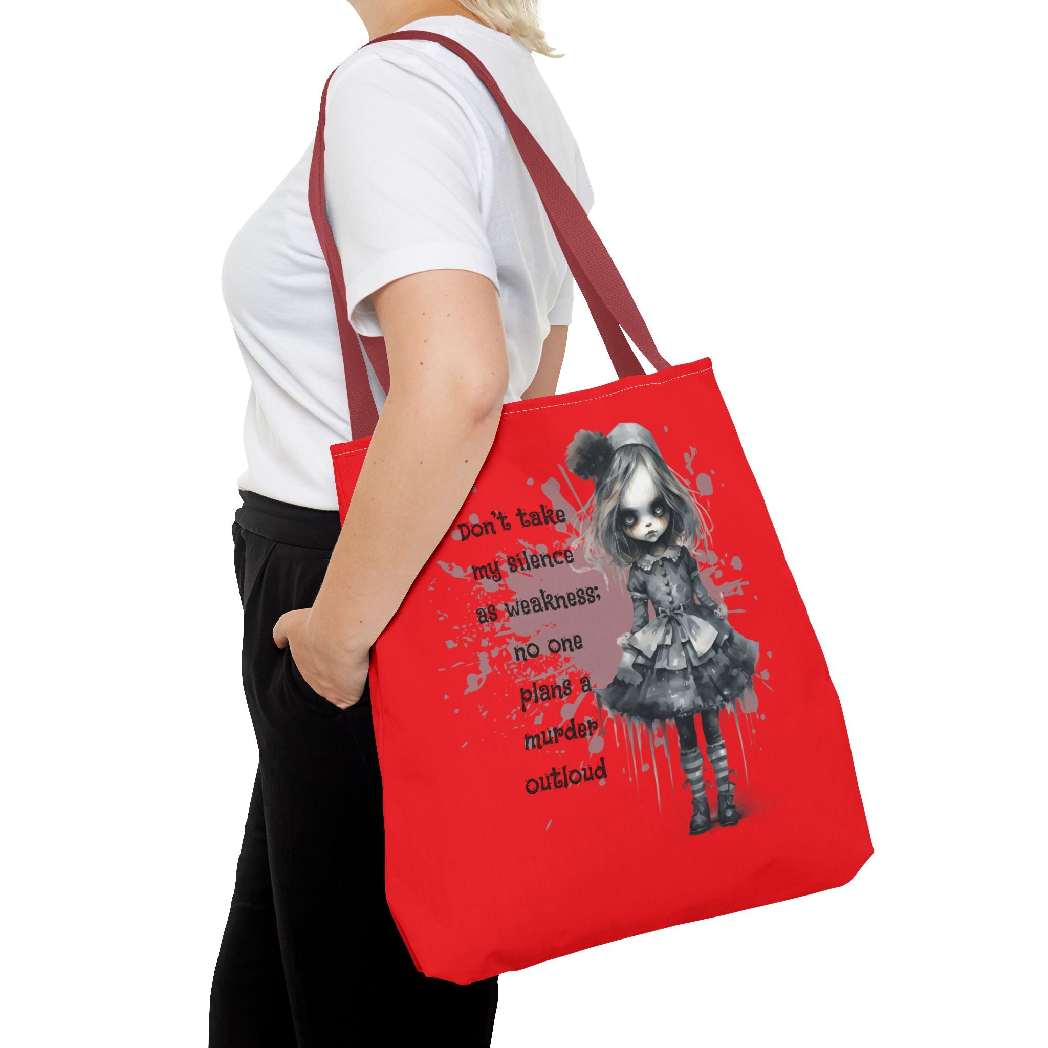 Creepy Doll Tote Bag: Don't Take My Silence As Weakness, Canvas Bag, Goth Style, Everyday Tote, Gift for Her