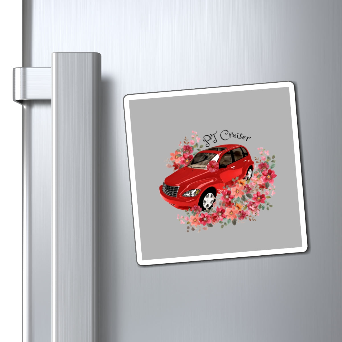 Floral PT Cruiser Magnet, Car Enthusiast Gift, Refrigerator Decor, Vintage Car Art, Flower Power Home Accent