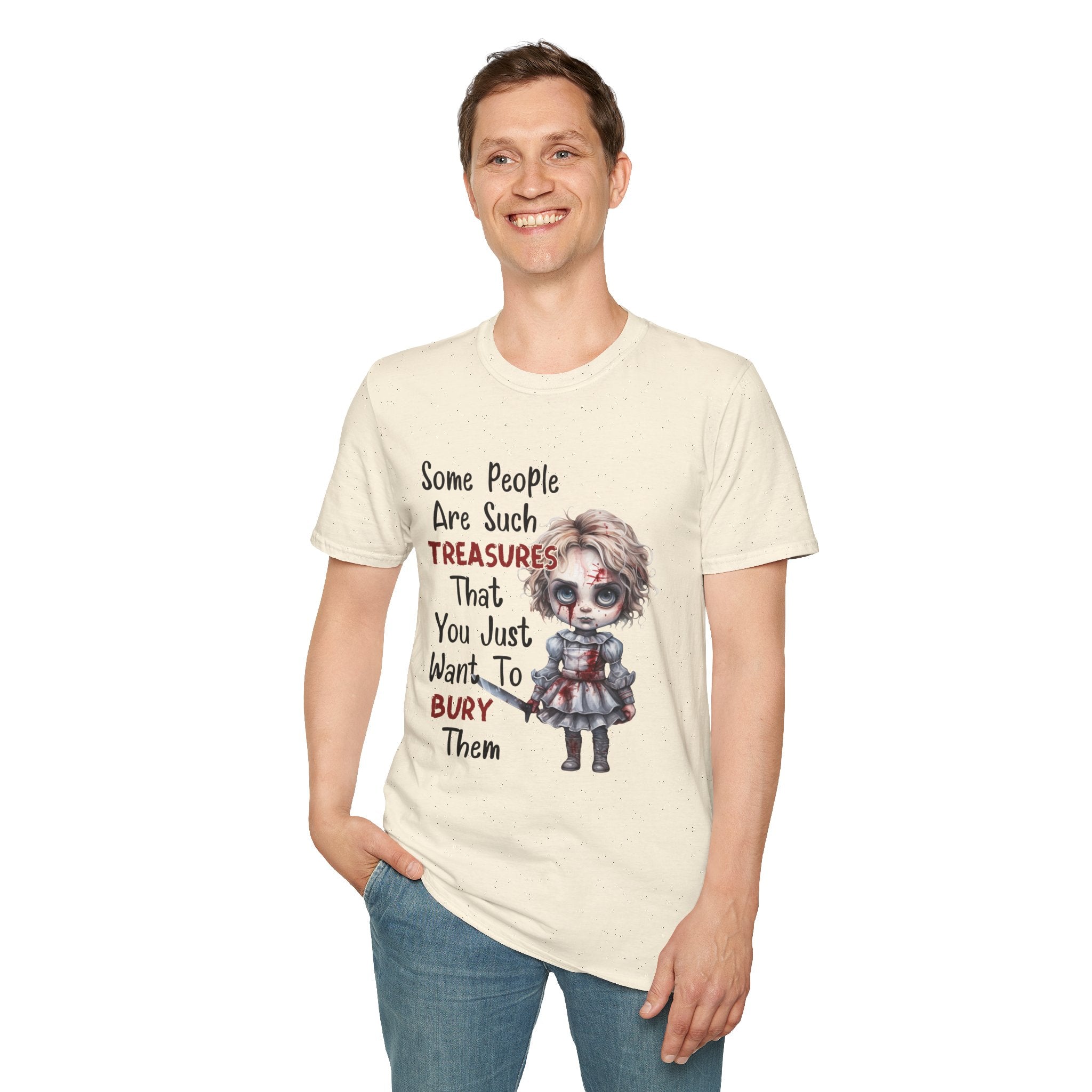 Creepy Doll Graphic Tee for Fun-Loving Souls, Funny Unisex T-Shirt, Casual Wear, Gift for Friends, Halloween and Birthday Party