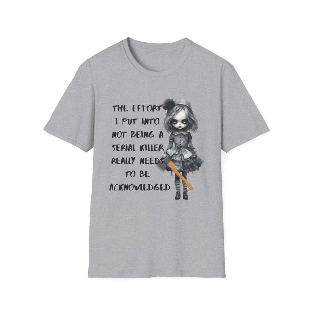 Unisex Graphic Tee with Creepy Doll Humor Design, Ideal for Quirky Fashion Lovers, Perfect for Casual Outings, Birthdays, and Halloween, [...]