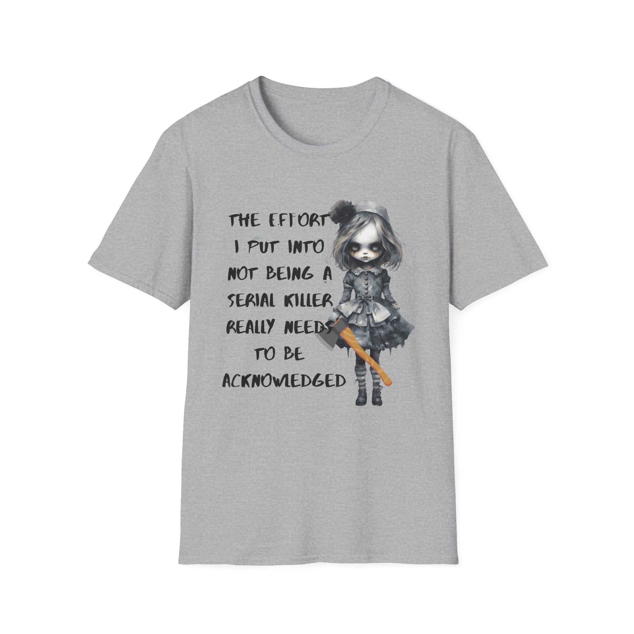 Unisex Graphic Tee with Creepy Doll Humor Design, Ideal for Quirky Fashion Lovers, Perfect for Casual Outings, Birthdays, and Halloween, [...]