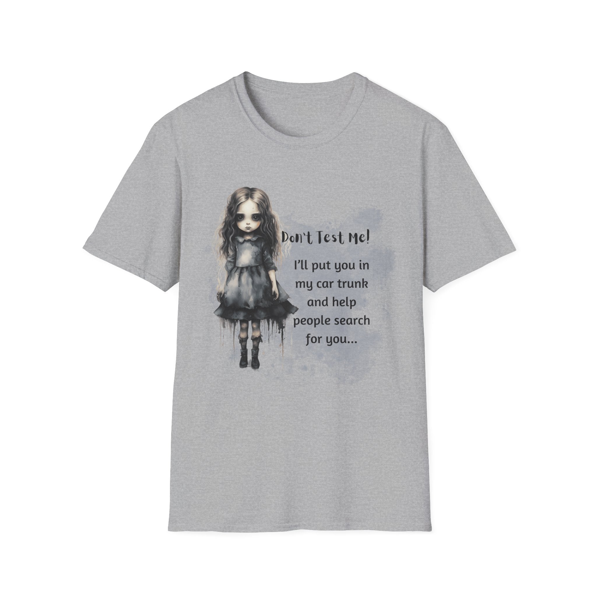 Creepy Doll  Humor T-Shirt, Unisex Softstyle Tee, Quirky Graphic Shirt, Halloween Outfit, Unique Gift Idea, Funny Apparel