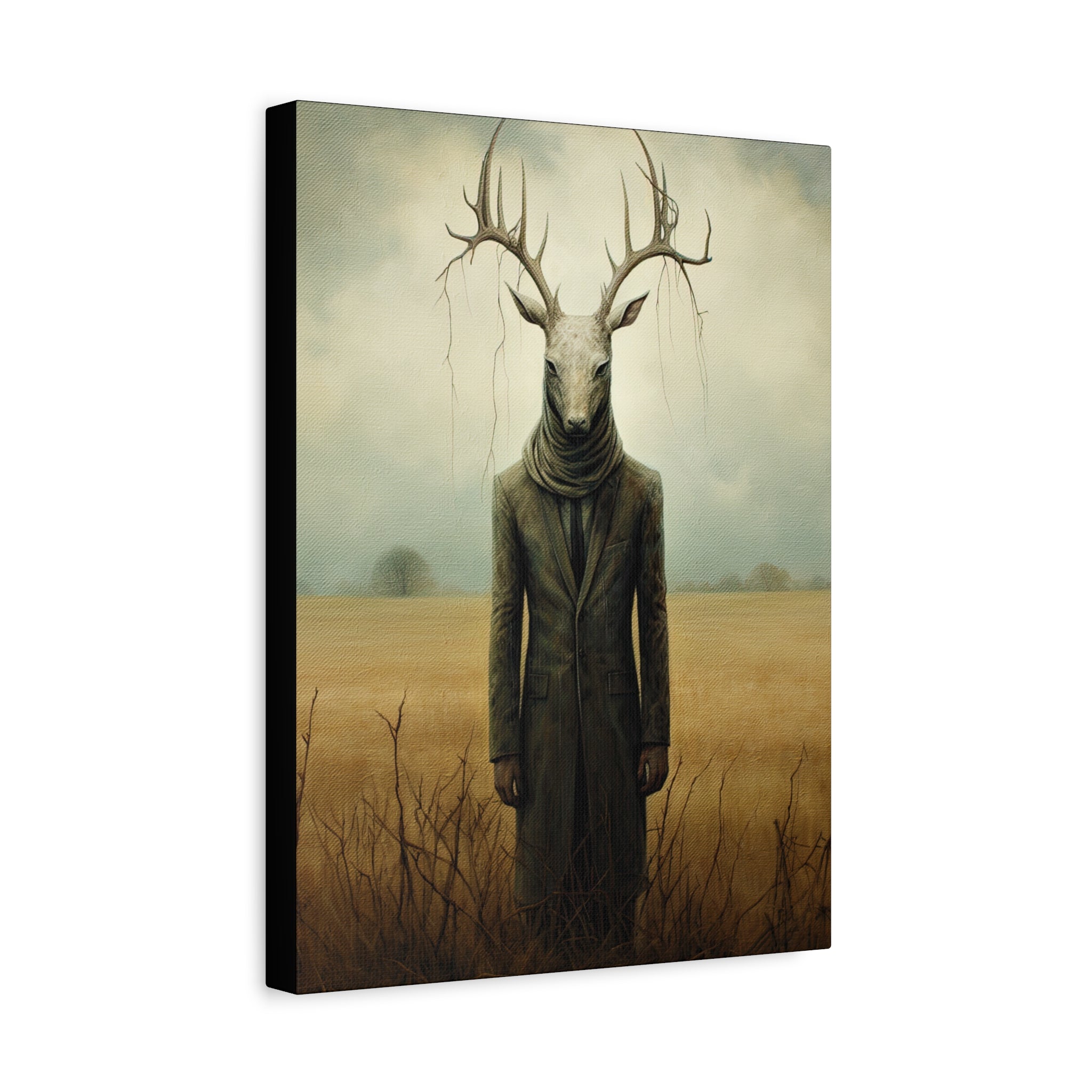 Folk Horror Deer Canvas Art Print, Surreal Nature Wall Decor, Unique Gift for Animal Lovers, Modern Home Aesthetic, Gothic Room Accent