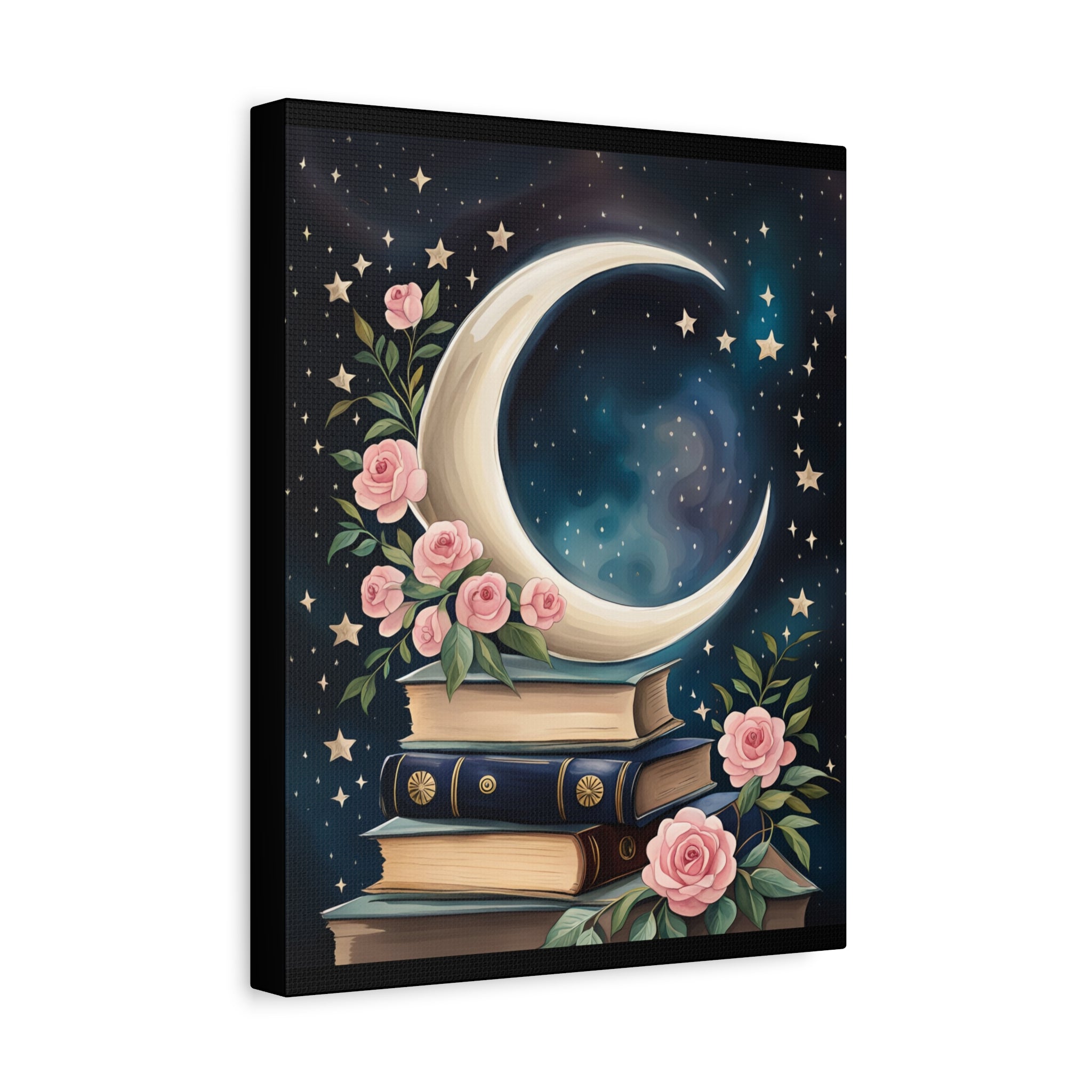 Moonlit Bookshelf Canvas Art, Starry Sky Decor, Floral Wall Art, Gift for Book Lovers, Nursery & Study Room Decoration