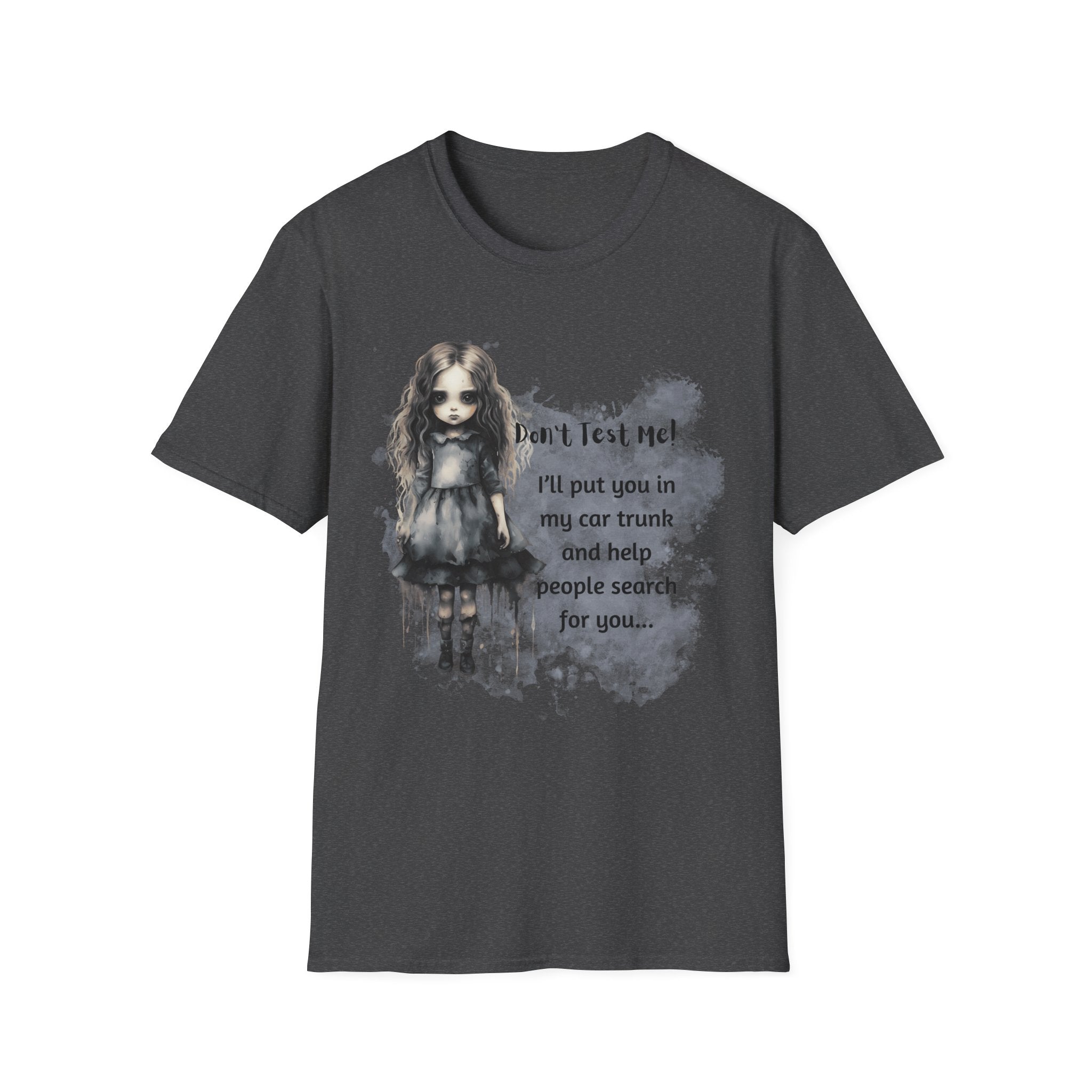 Creepy Doll  Humor T-Shirt, Unisex Softstyle Tee, Quirky Graphic Shirt, Halloween Outfit, Unique Gift Idea, Funny Apparel