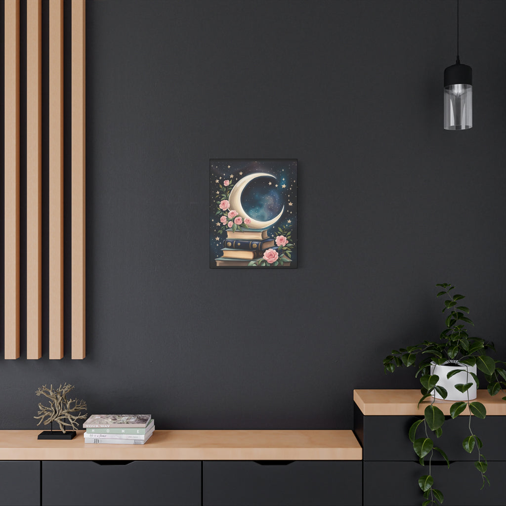 Moonlit Bookshelf Canvas Art, Starry Sky Decor, Floral Wall Art, Gift for Book Lovers, Nursery & Study Room Decoration