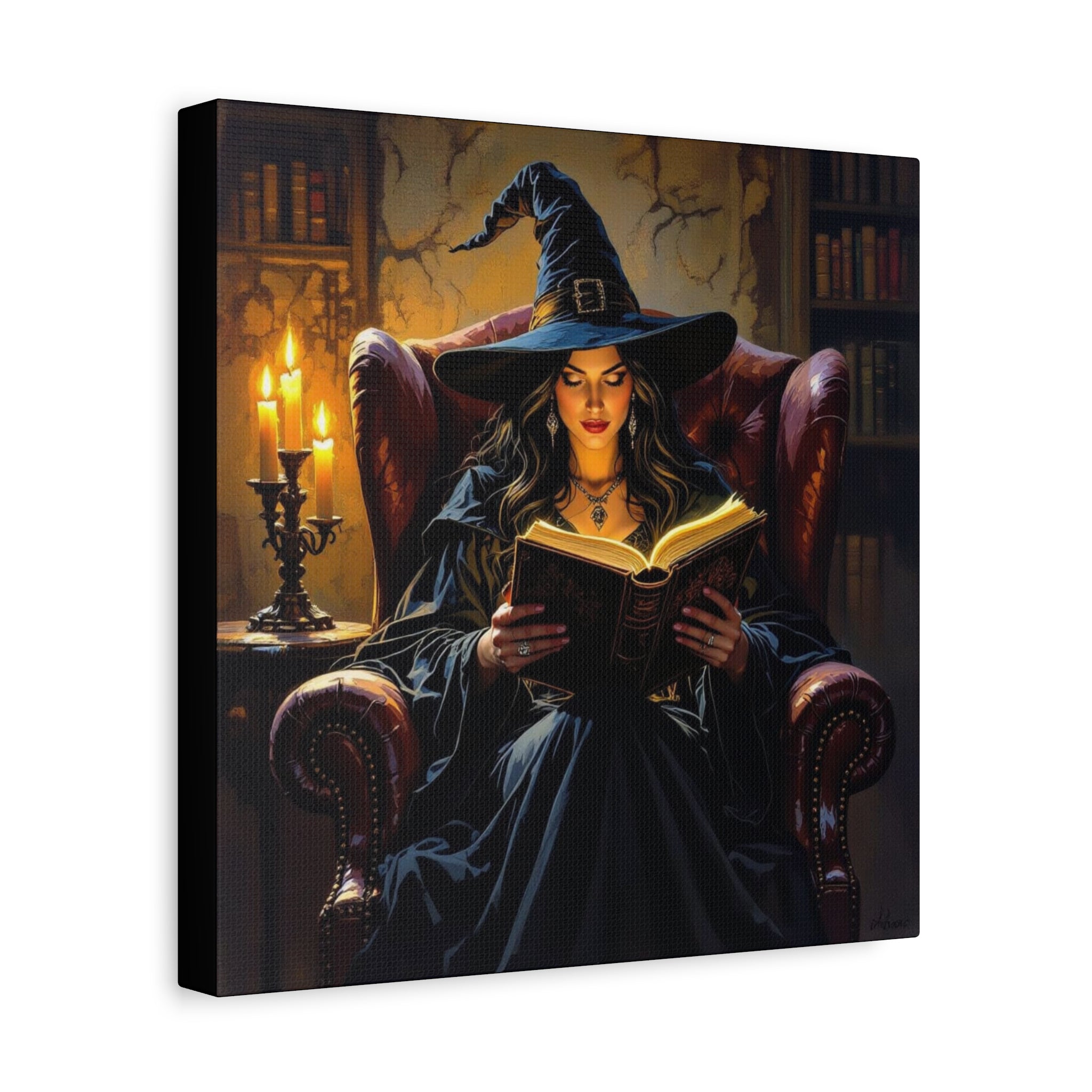 The Reader Canvas Art, Stretched Wall Decor, Halloween Nostalgia, Witch Reading Canvas, Magical Home Decor, Enchanted Living Room Art