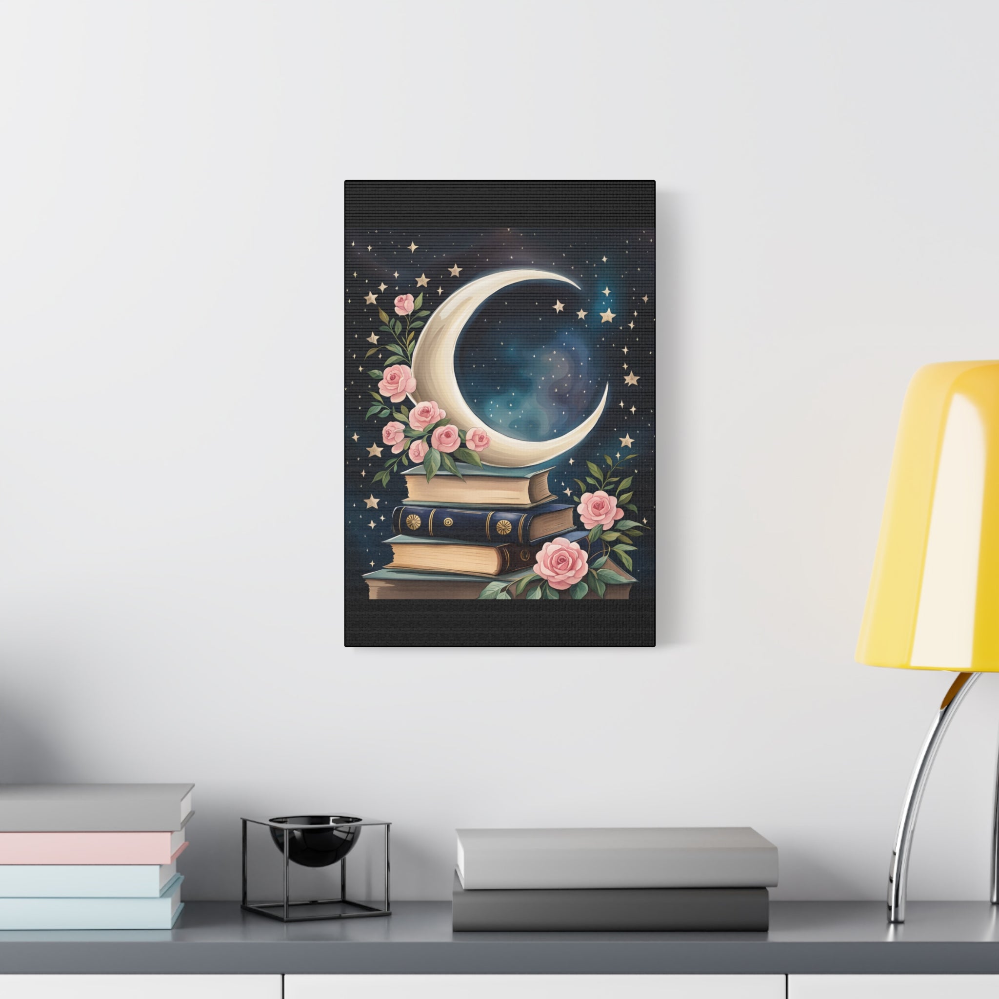 Moonlit Bookshelf Canvas Art, Starry Sky Decor, Floral Wall Art, Gift for Book Lovers, Nursery & Study Room Decoration