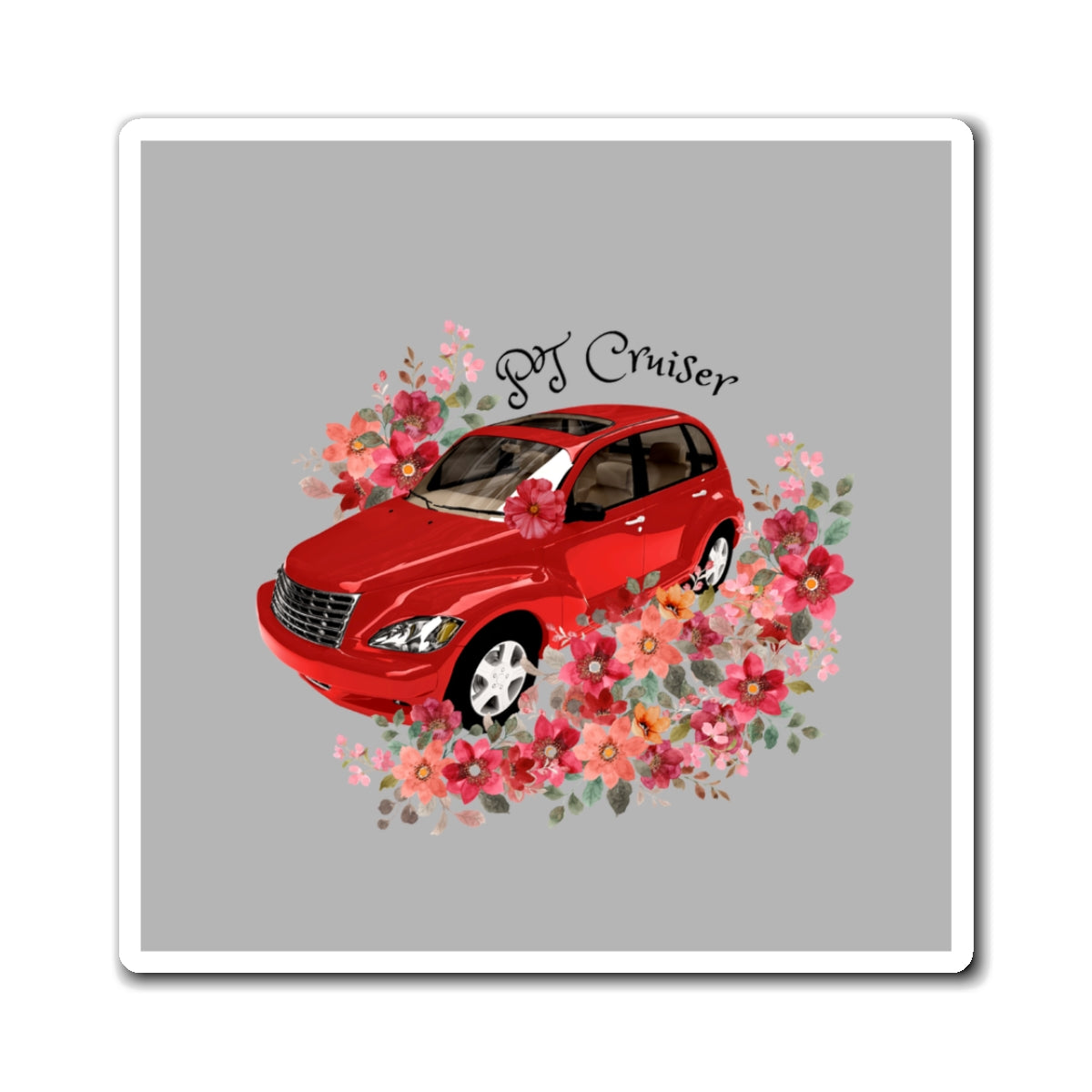 Floral PT Cruiser Magnet, Car Enthusiast Gift, Refrigerator Decor, Vintage Car Art, Flower Power Home Accent