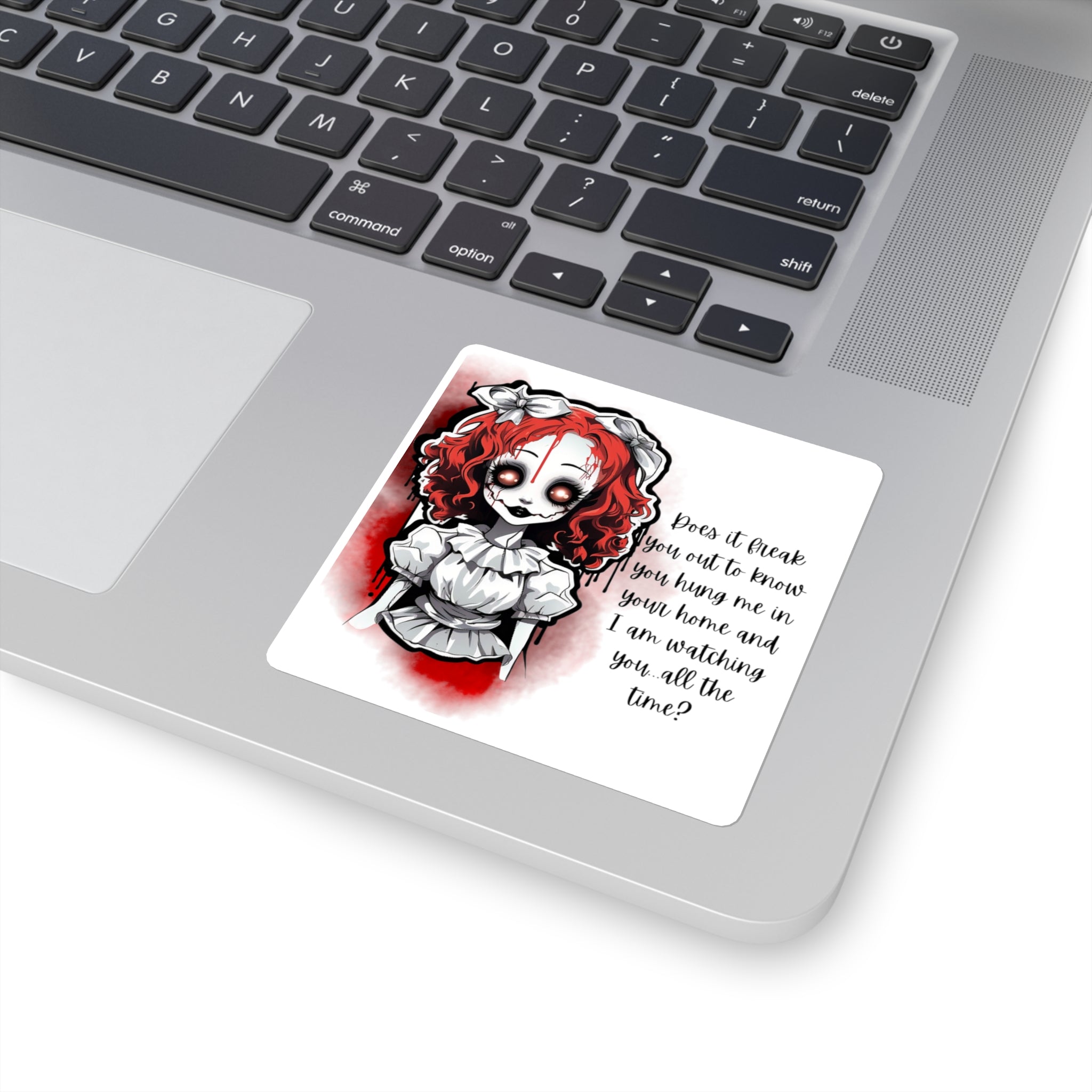 Creepy Doll Square Stickers | Spooky Decor, Laptop Stickers, Halloween Gifts, Home Decor, Unique Wall Art