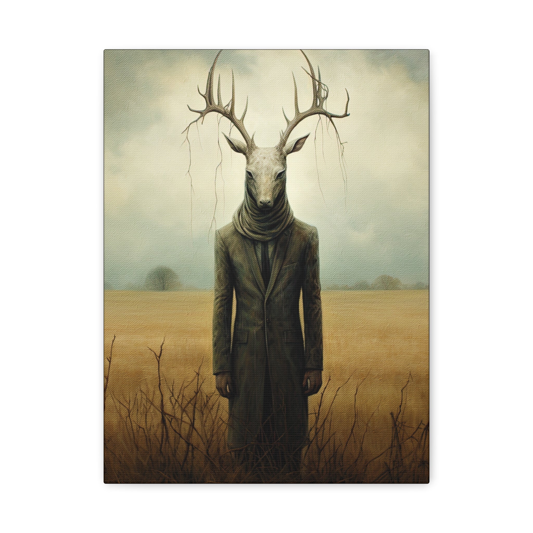 Folk Horror Deer Canvas Art Print, Surreal Nature Wall Decor, Unique Gift for Animal Lovers, Modern Home Aesthetic, Gothic Room Accent