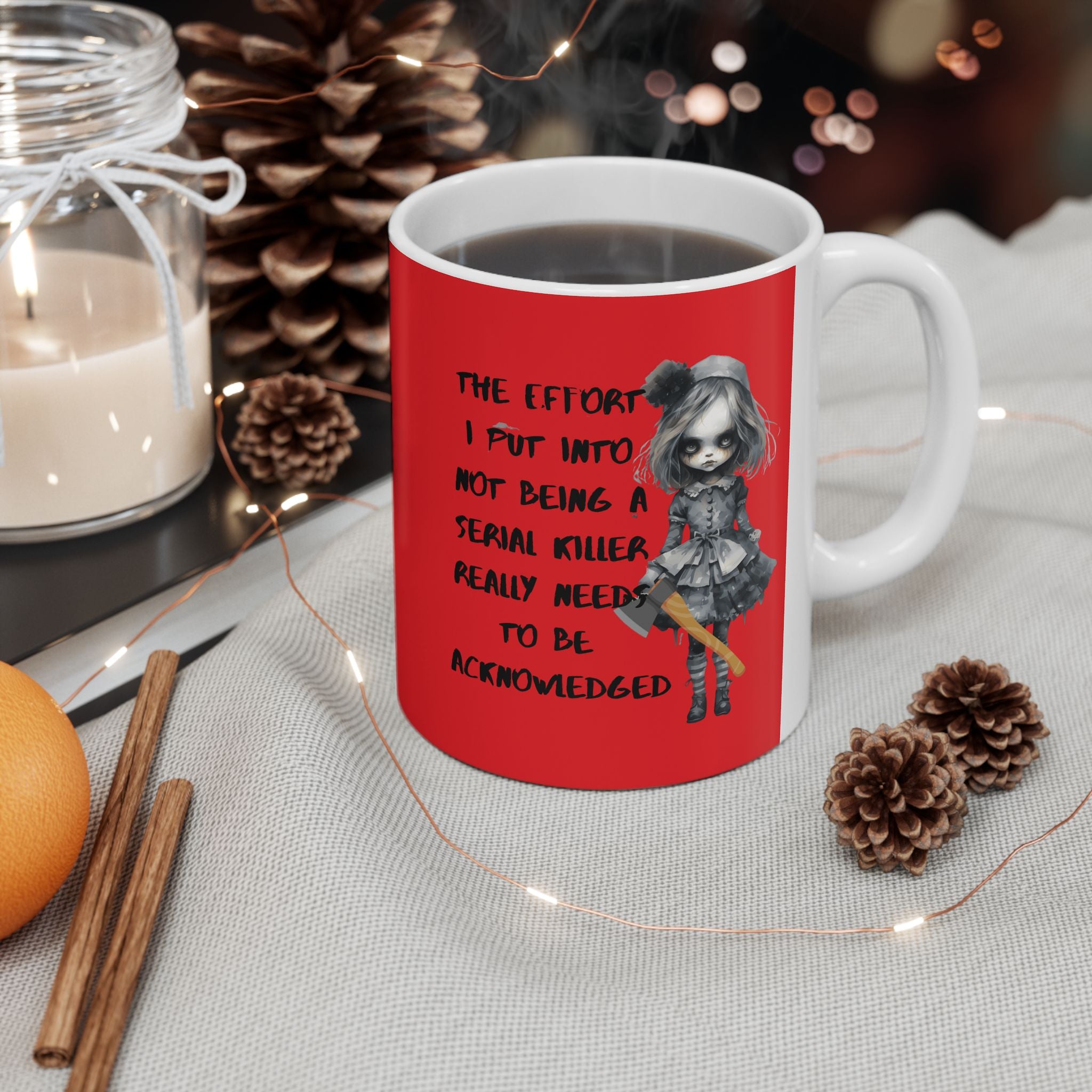 Creepy Doll Ceramic Mug - Unique Gift for Art Lovers, Coffee & Tea Enthusiasts, Home Decor, Office Supplies, Vibrant Red Design