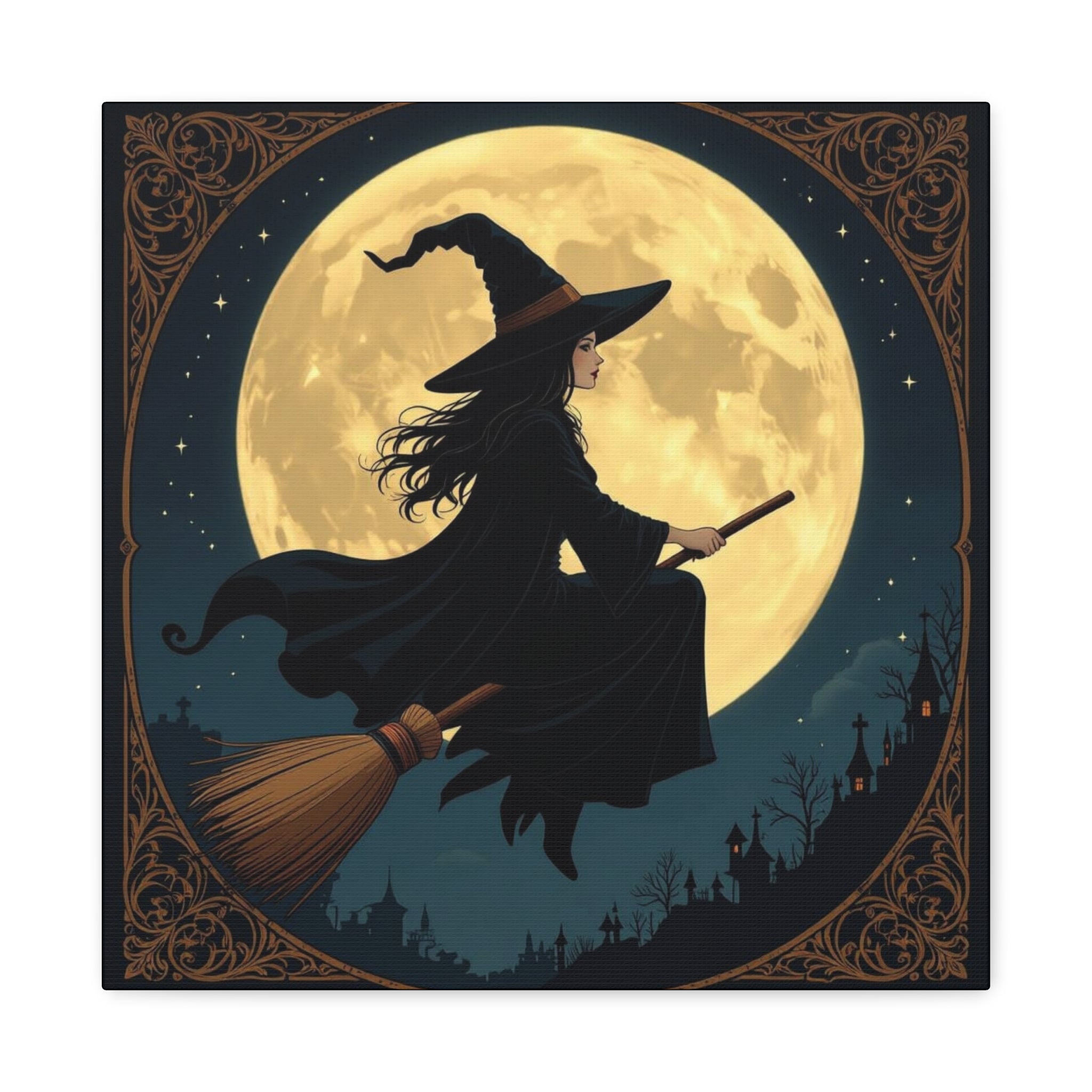 Witching Hour Canvas Art | Vintage Halloween Decoration, Spooky Home Decor, Magical Wall Art, Witch Decor, Full Moon Artwork