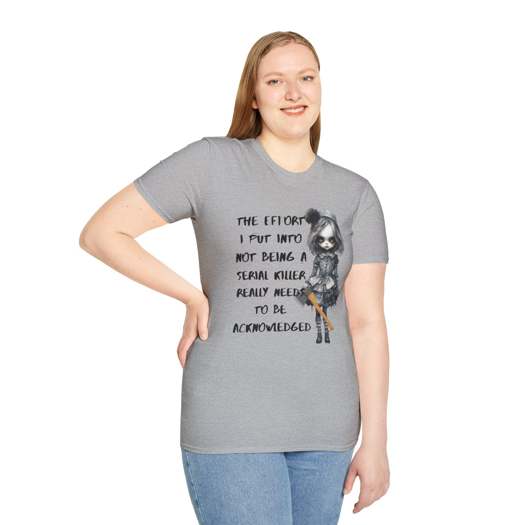 Unisex Graphic Tee with Creepy Doll Humor Design, Ideal for Quirky Fashion Lovers, Perfect for Casual Outings, Birthdays, and Halloween, [...]