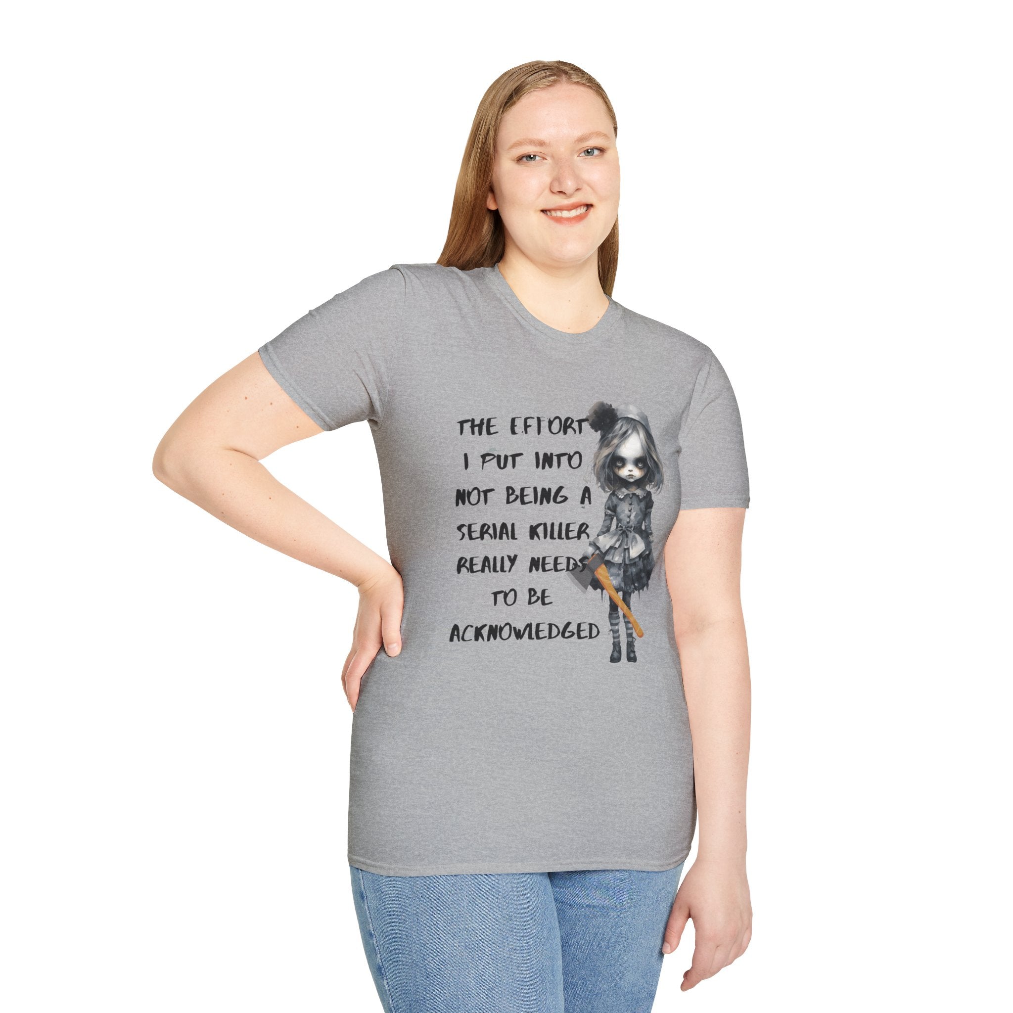 Unisex Graphic Tee with Creepy Doll Humor Design, Ideal for Quirky Fashion Lovers, Perfect for Casual Outings, Birthdays, and Halloween, [...]