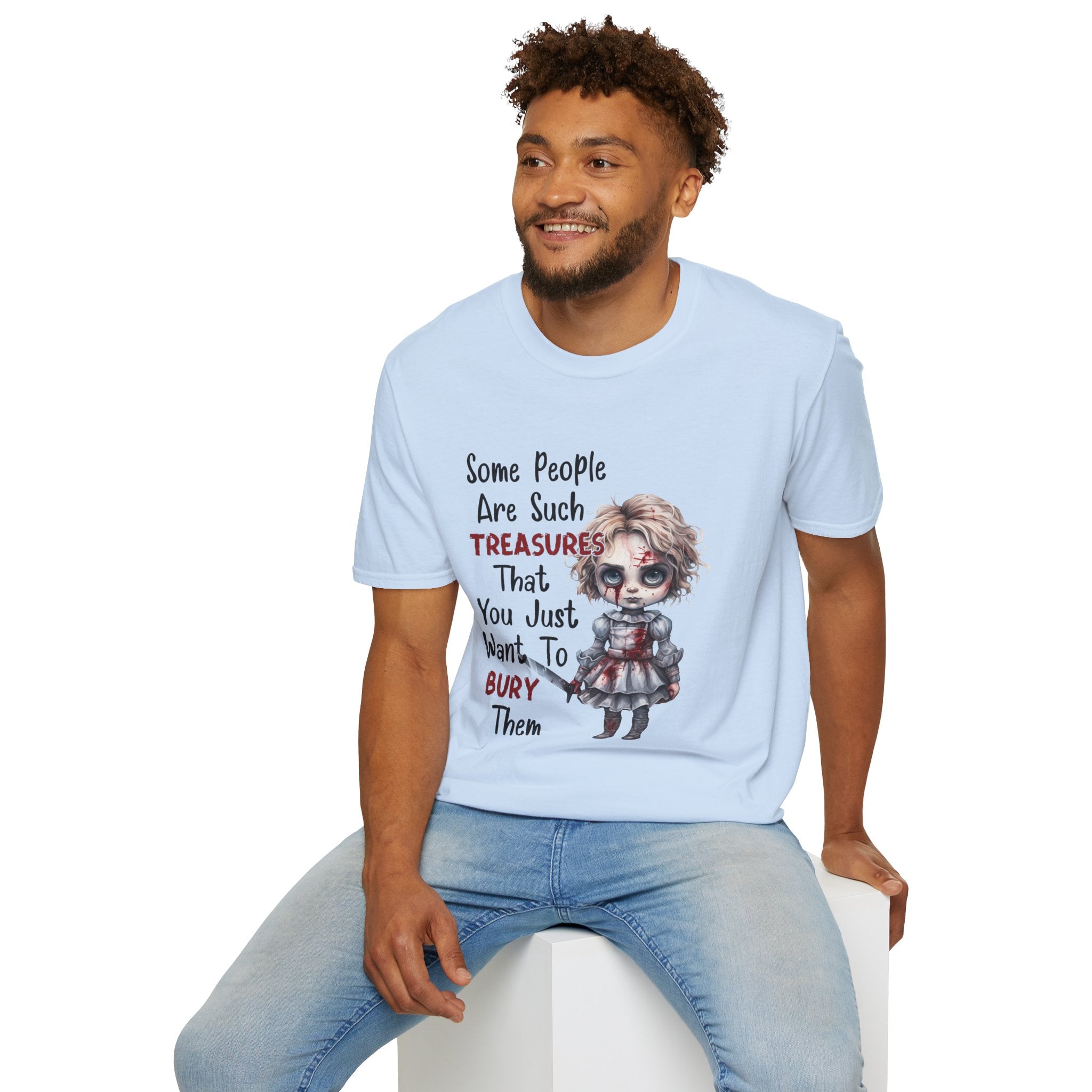 Creepy Doll Graphic Tee for Fun-Loving Souls, Funny Unisex T-Shirt, Casual Wear, Gift for Friends, Halloween and Birthday Party