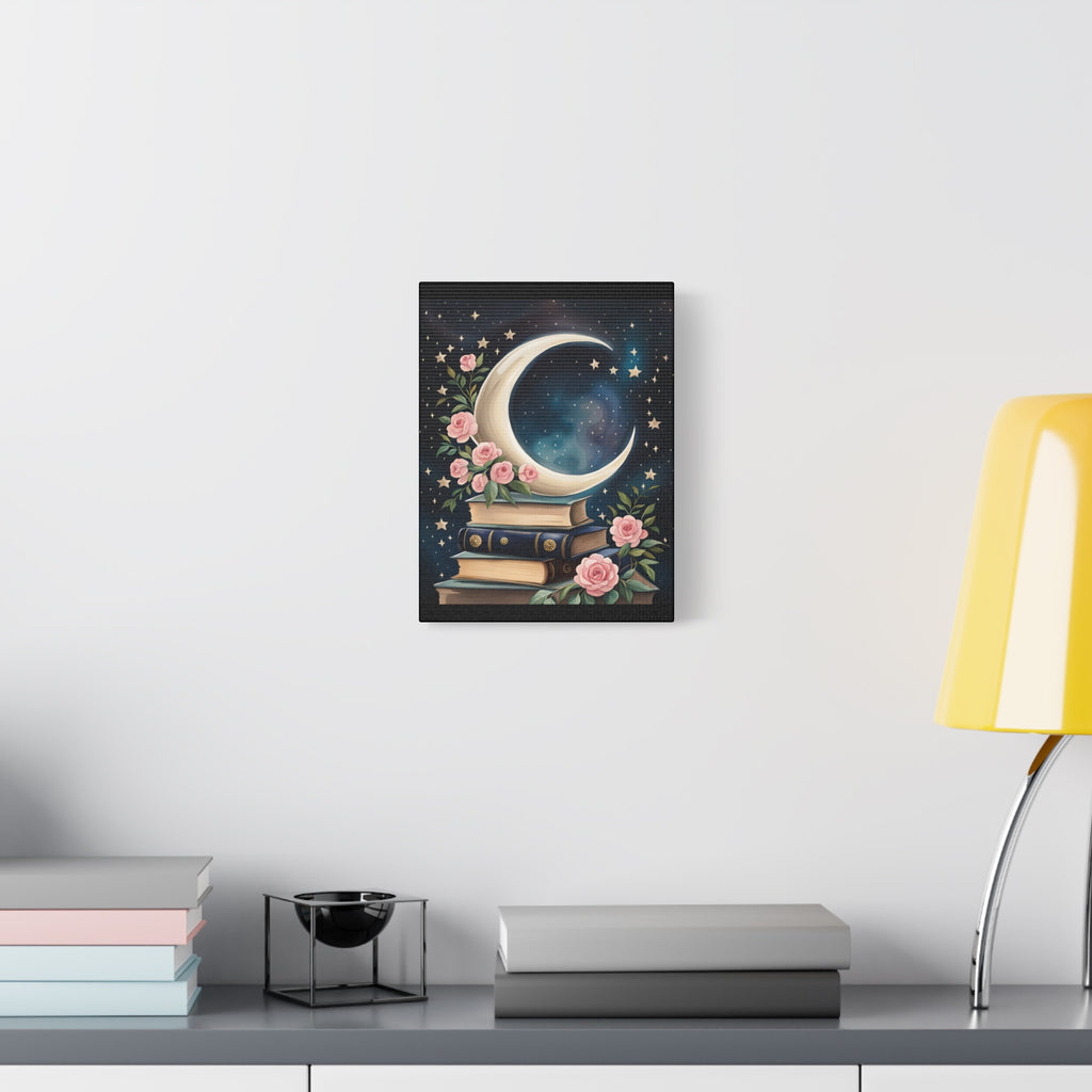 Moonlit Bookshelf Canvas Art, Starry Sky Decor, Floral Wall Art, Gift for Book Lovers, Nursery & Study Room Decoration