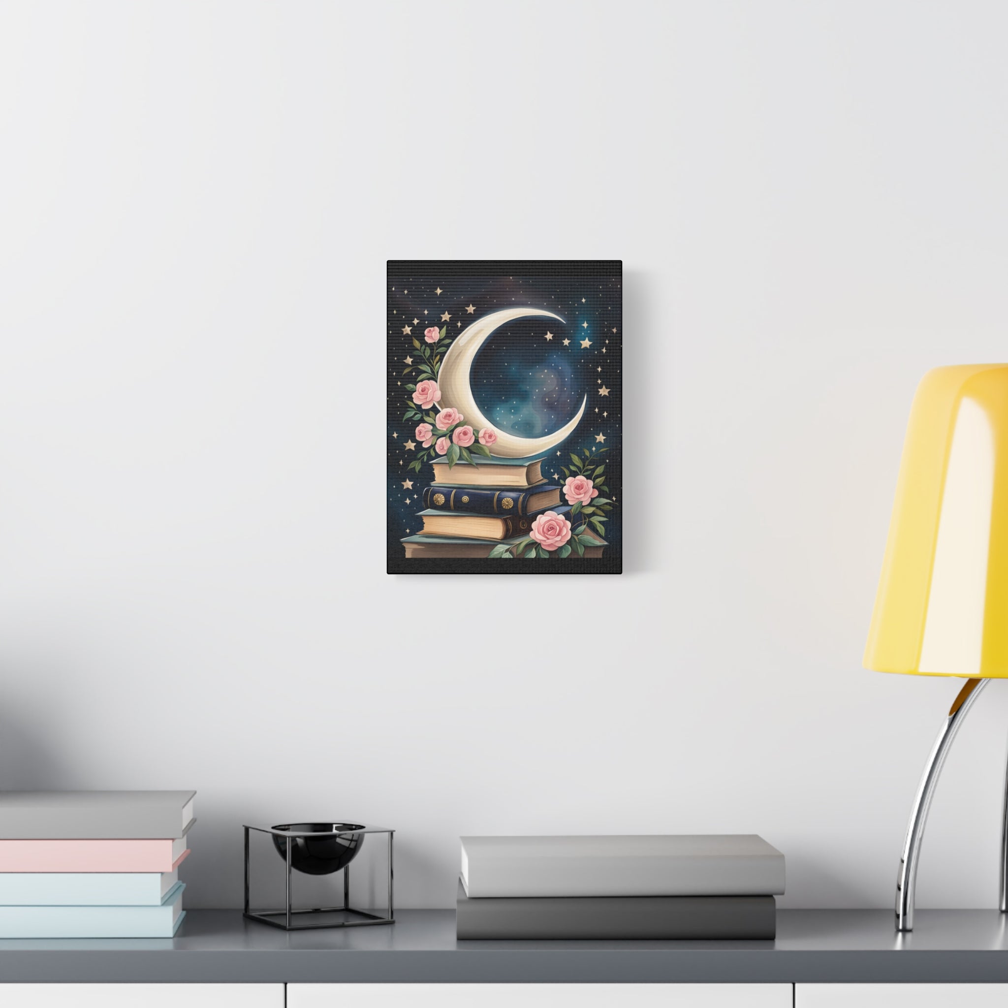 Moonlit Bookshelf Canvas Art, Starry Sky Decor, Floral Wall Art, Gift for Book Lovers, Nursery & Study Room Decoration
