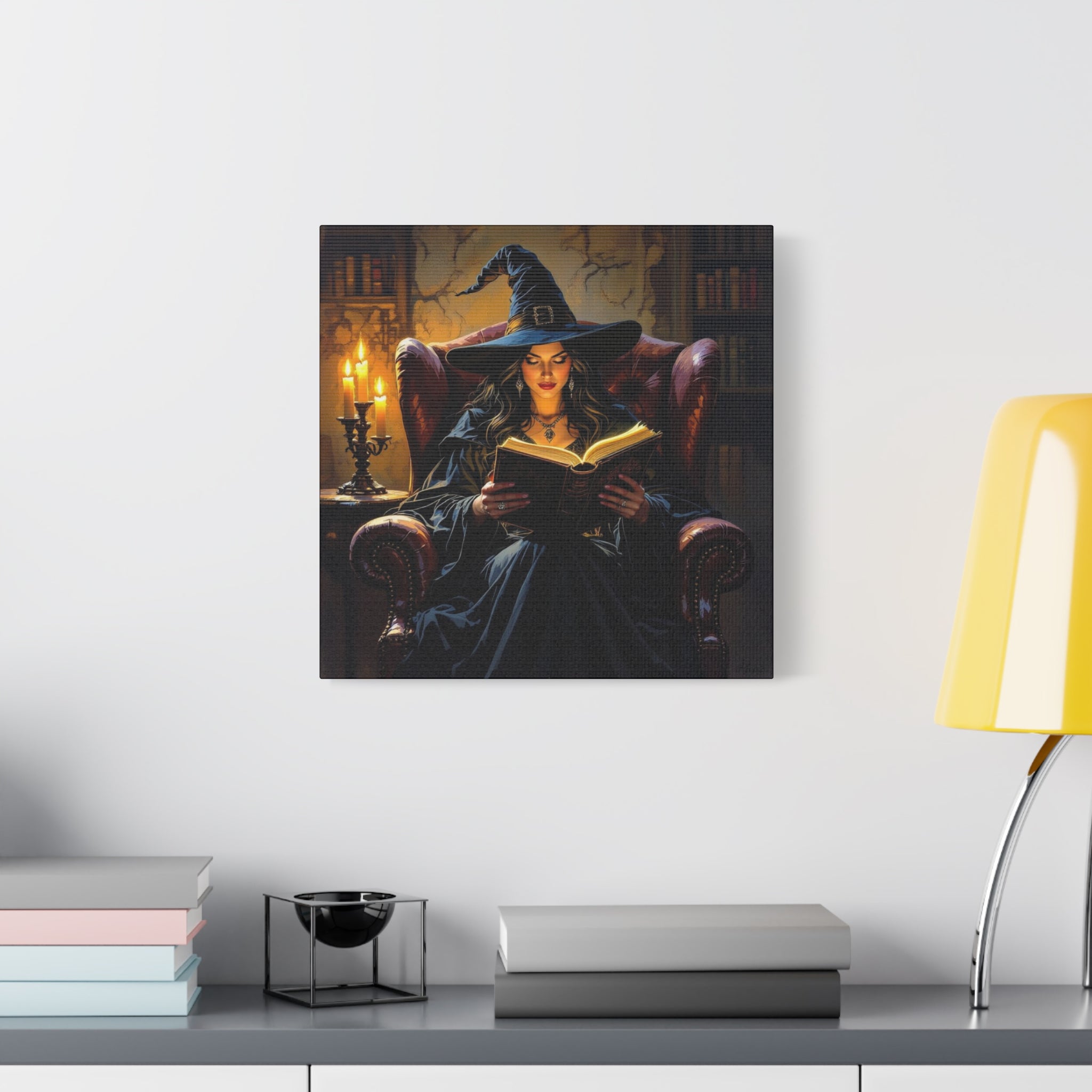 The Reader Canvas Art, Stretched Wall Decor, Halloween Nostalgia, Witch Reading Canvas, Magical Home Decor, Enchanted Living Room Art