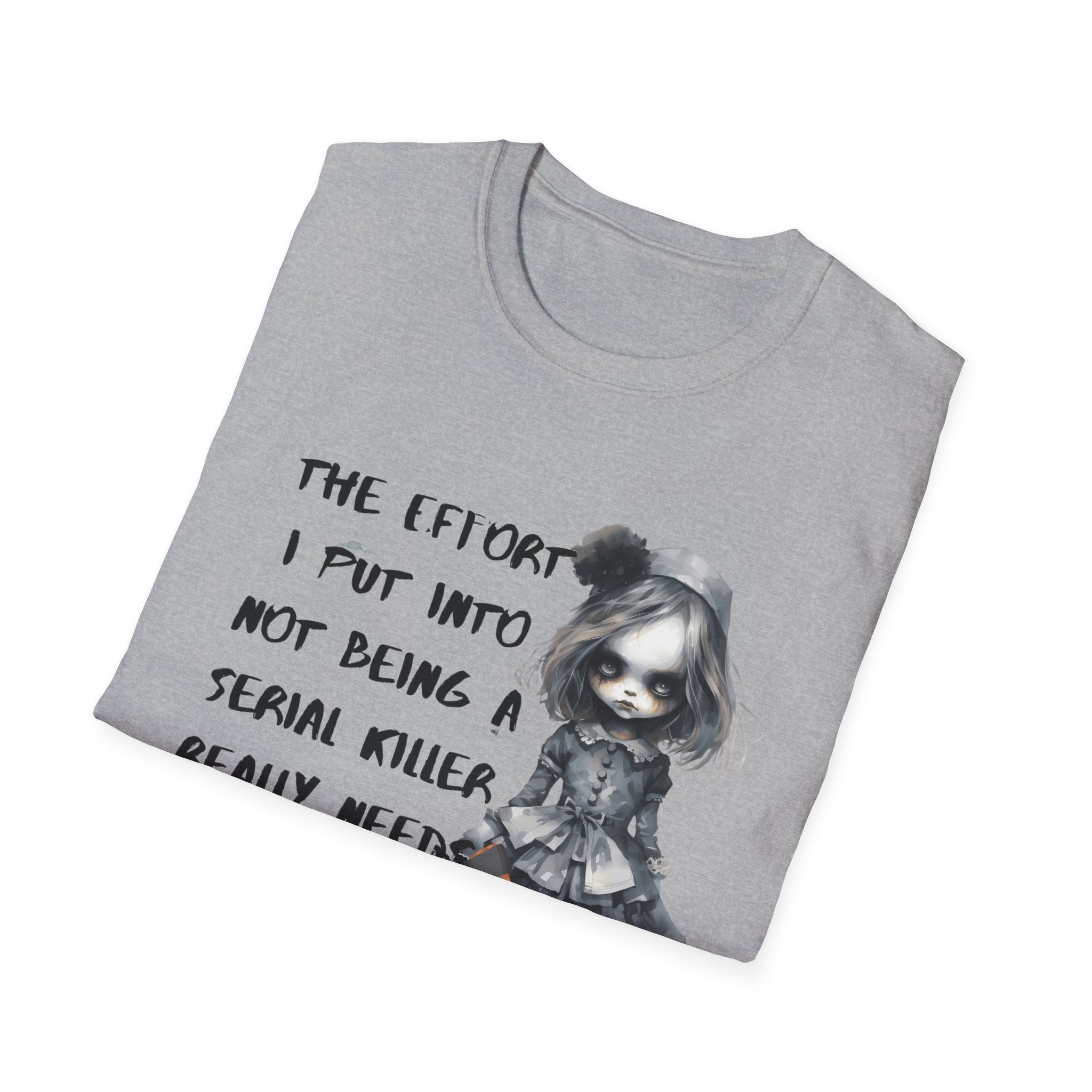 Unisex Graphic Tee with Creepy Doll Humor Design, Ideal for Quirky Fashion Lovers, Perfect for Casual Outings, Birthdays, and Halloween, [...]