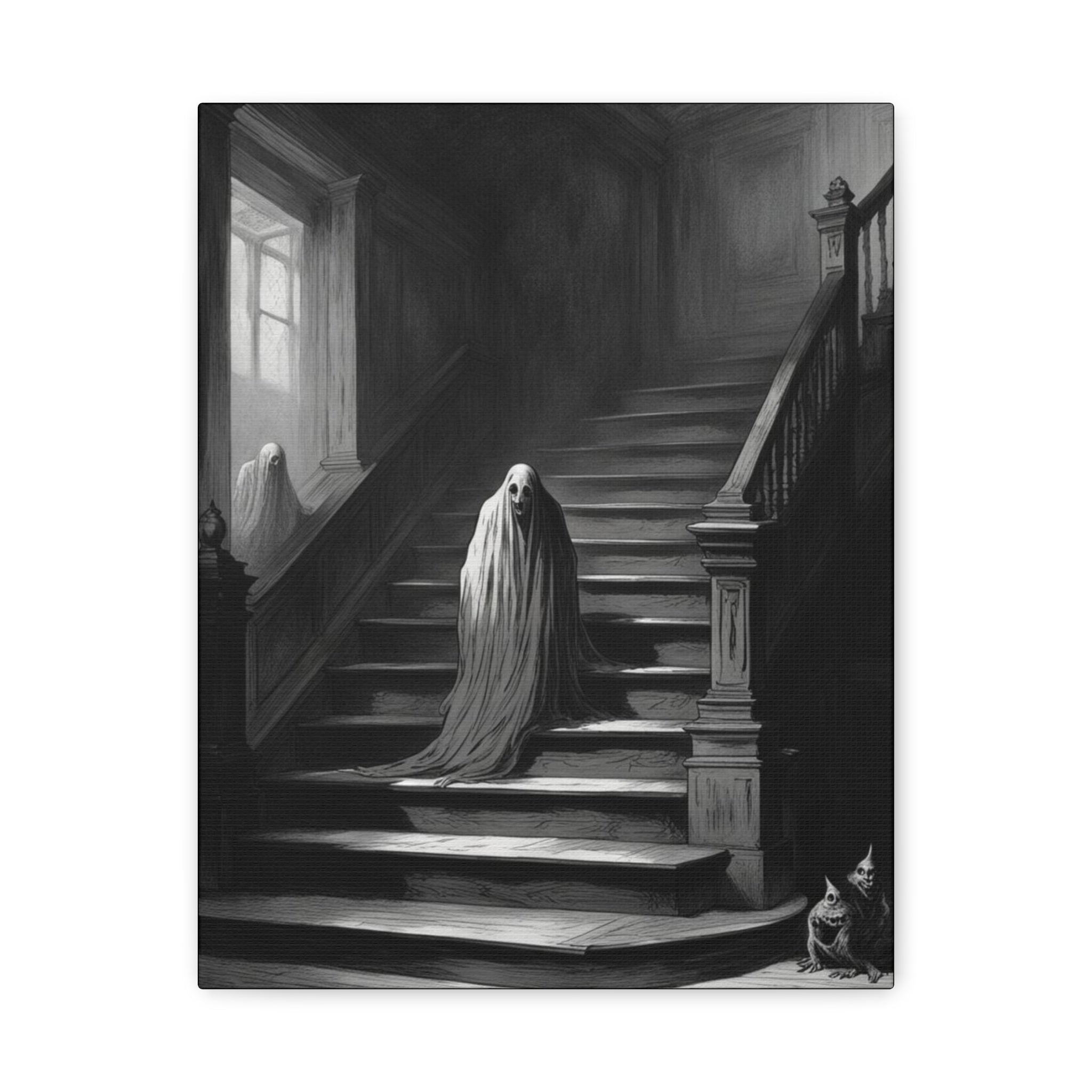 Haunted Staircase Canvas Art, Black and White Wall Decor, Gothic Home Decor, Spooky Halloween Artwork, Unique Gift for Horror Lovers