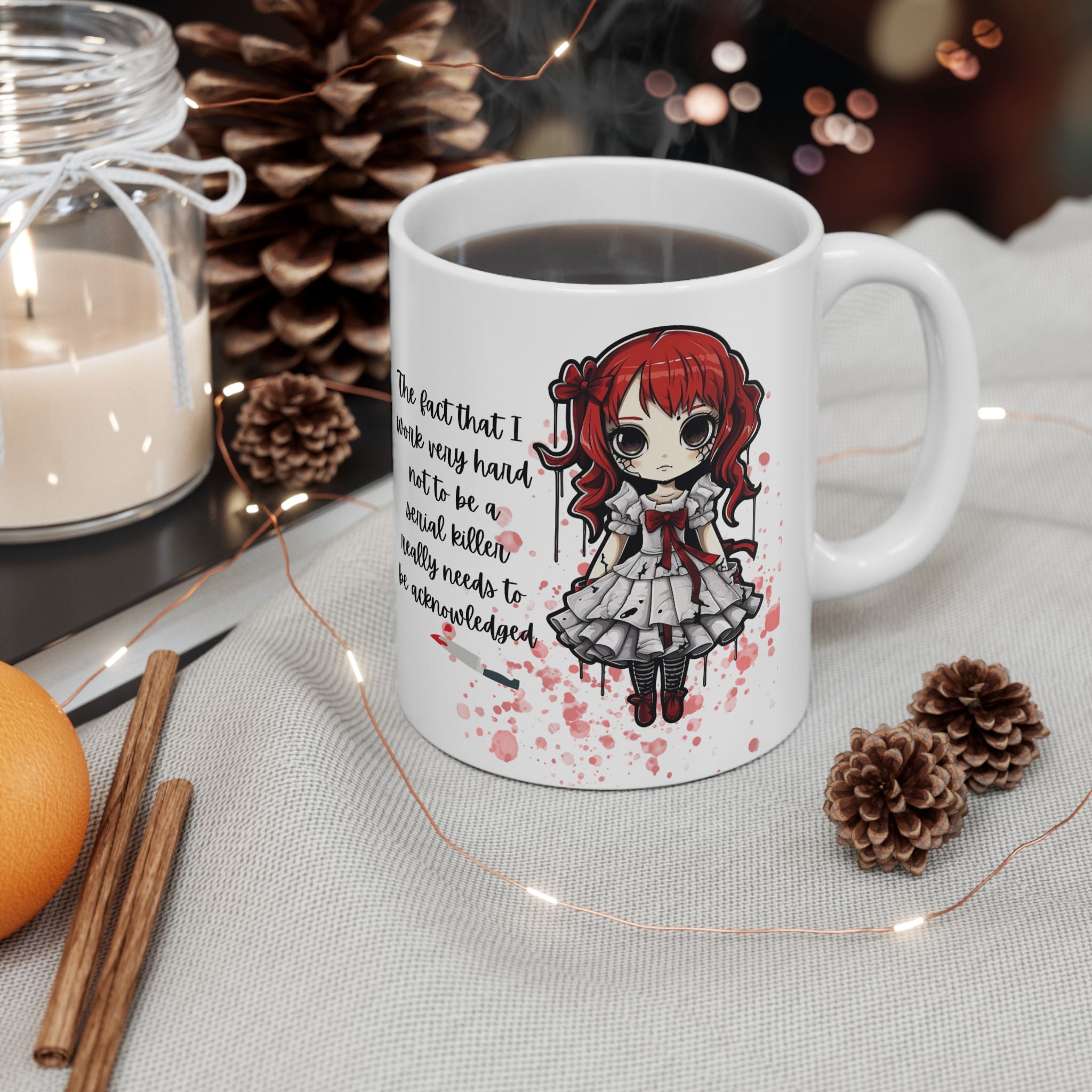 Creepy Doll Ceramic Mug, Inspirational Coffee Cup, Funny Office Gift, Cute Drinkware for Friends, Unique Present for Motivators