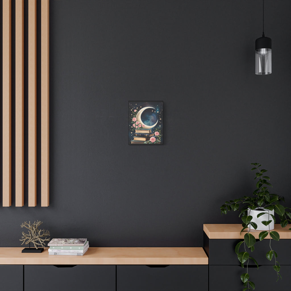 Moonlit Bookshelf Canvas Art, Starry Sky Decor, Floral Wall Art, Gift for Book Lovers, Nursery & Study Room Decoration