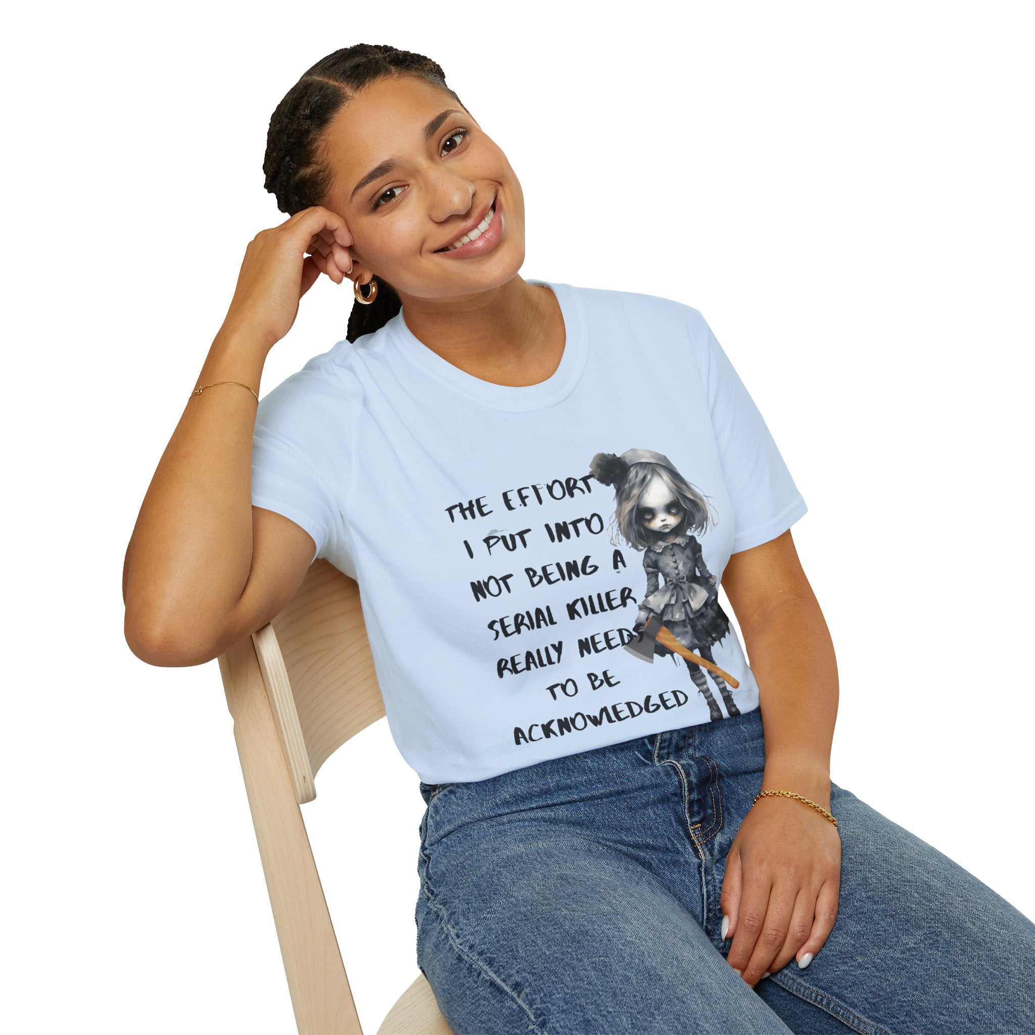 Unisex Graphic Tee with Creepy Doll Humor Design, Ideal for Quirky Fashion Lovers, Perfect for Casual Outings, Birthdays, and Halloween, [...]
