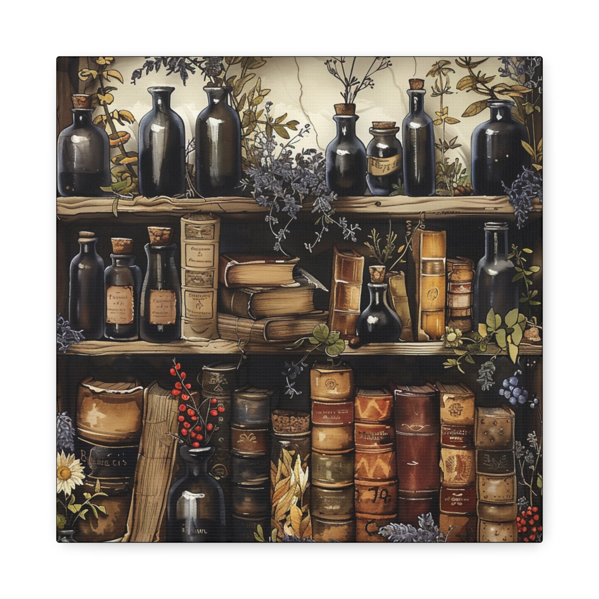 Vintage Bookstore Wall Art, Garden Decor, Black Bottle Artwork, Home Office Prints, Literary Gift, Cozy Aesthetic