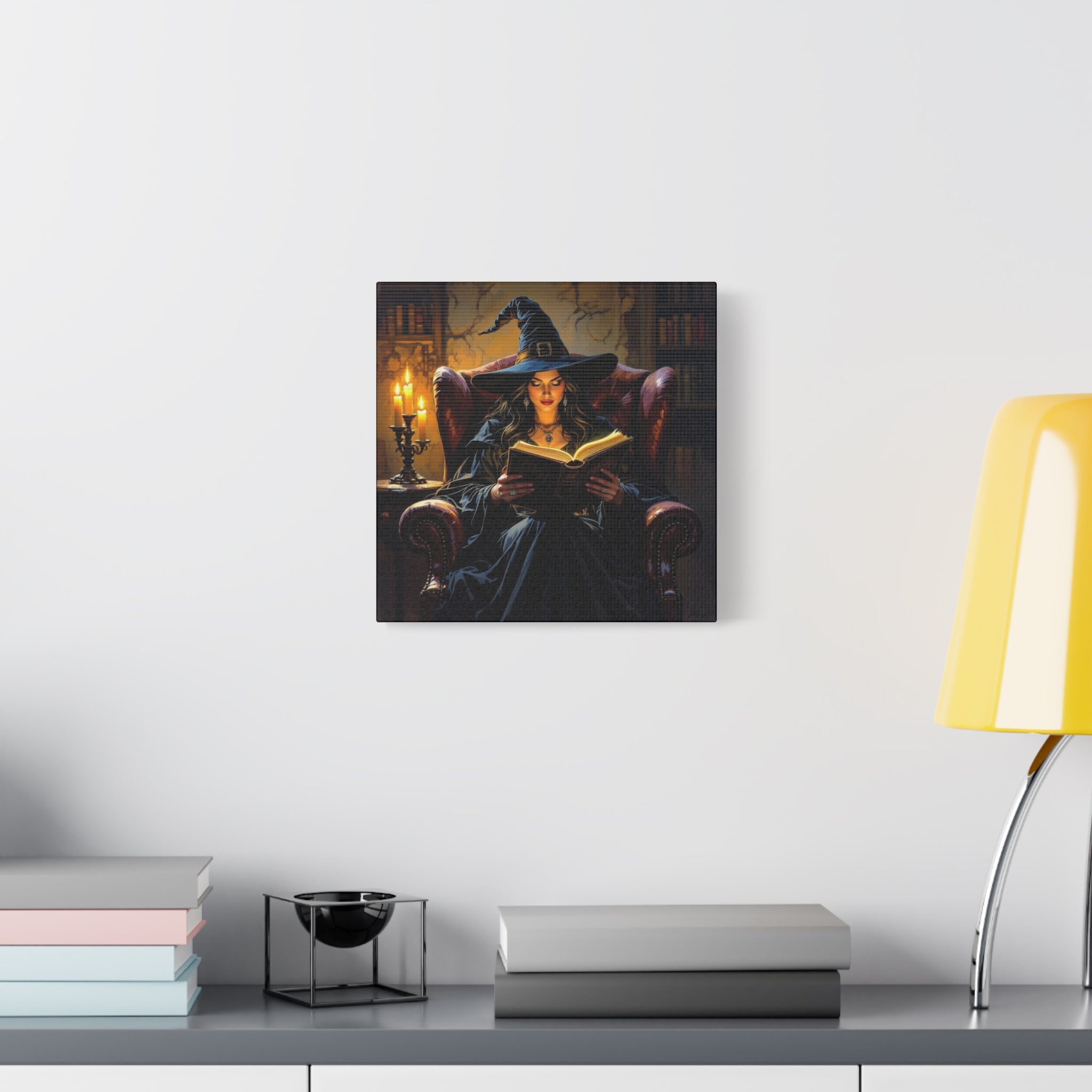 The Reader Canvas Art, Stretched Wall Decor, Halloween Nostalgia, Witch Reading Canvas, Magical Home Decor, Enchanted Living Room Art