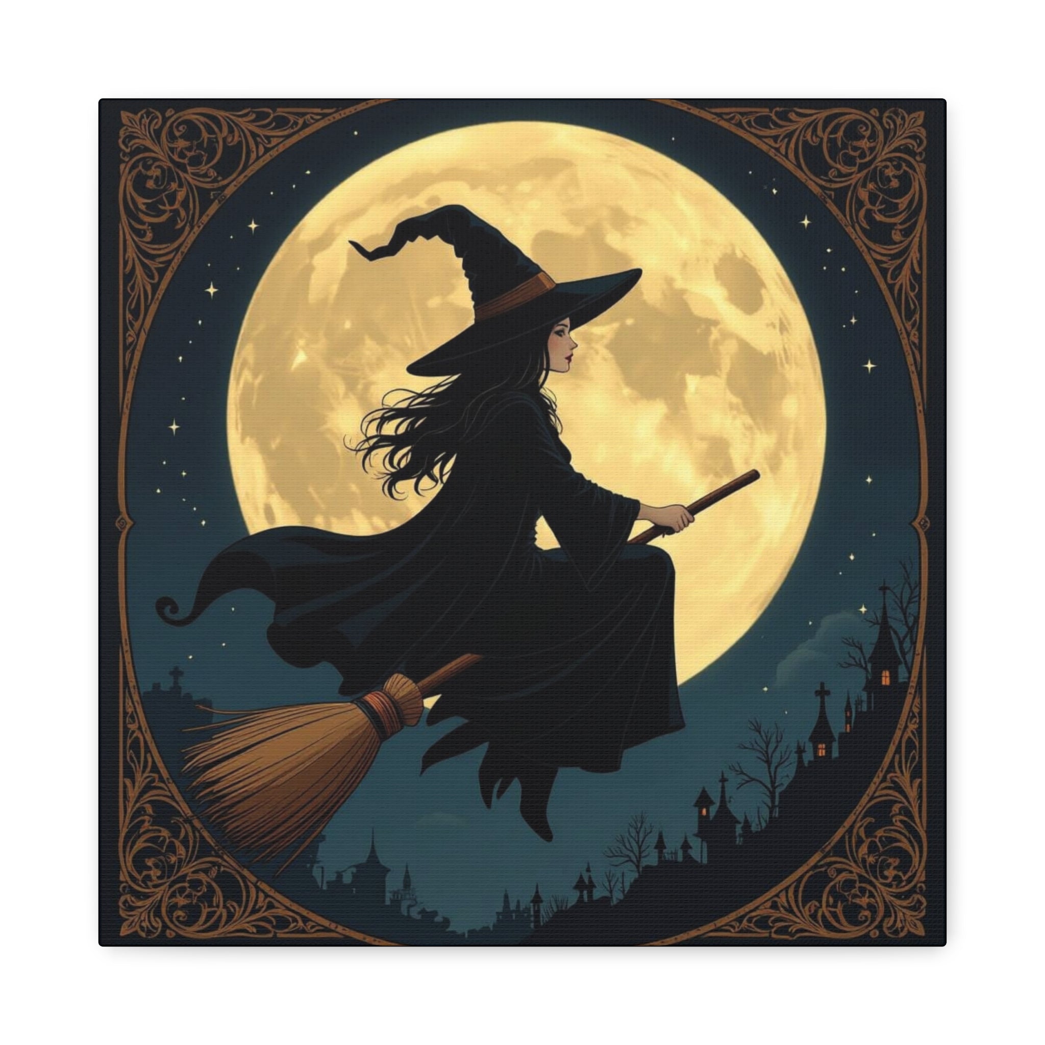 Witching Hour Canvas Art | Vintage Halloween Decoration, Spooky Home Decor, Magical Wall Art, Witch Decor, Full Moon Artwork