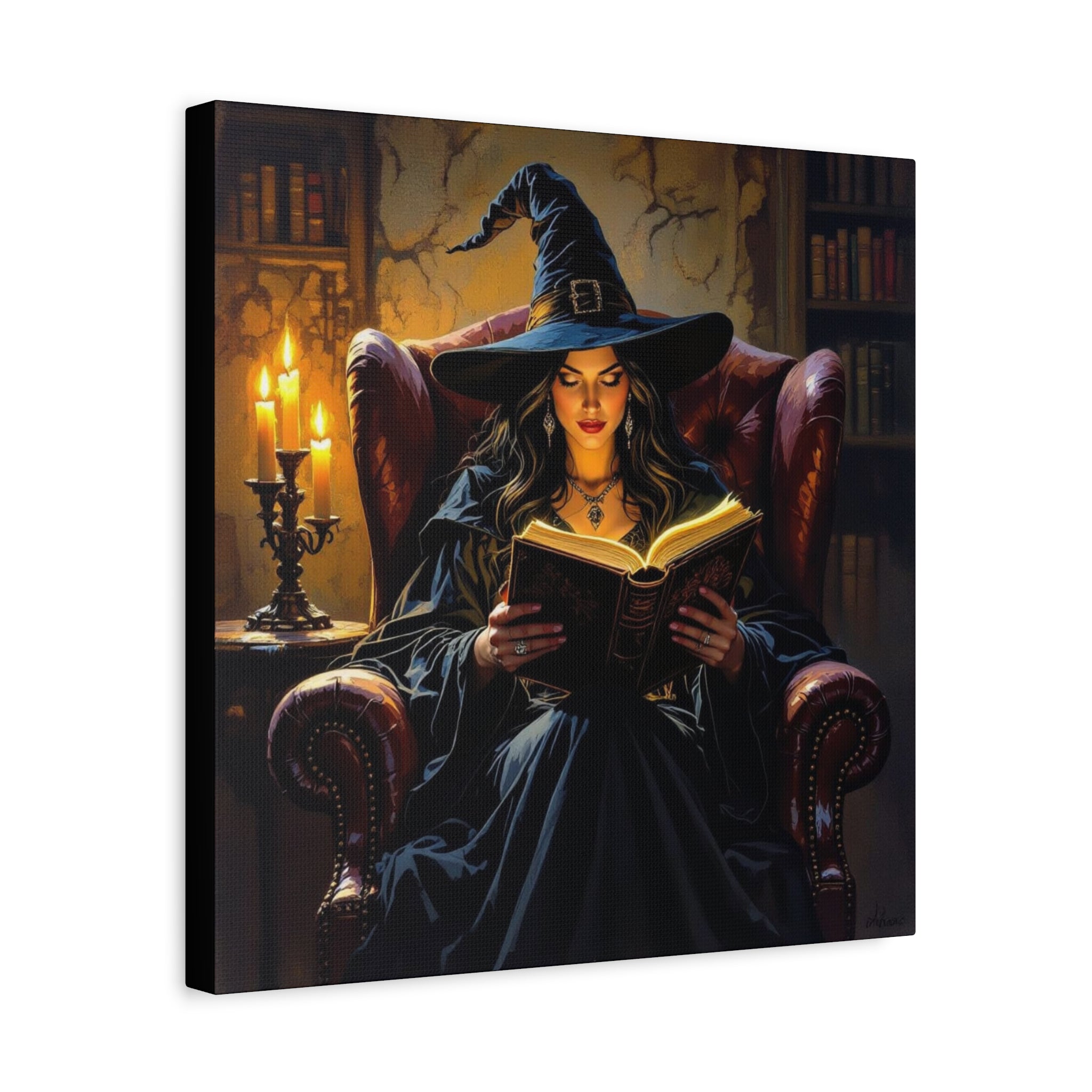 The Reader Canvas Art, Stretched Wall Decor, Halloween Nostalgia, Witch Reading Canvas, Magical Home Decor, Enchanted Living Room Art