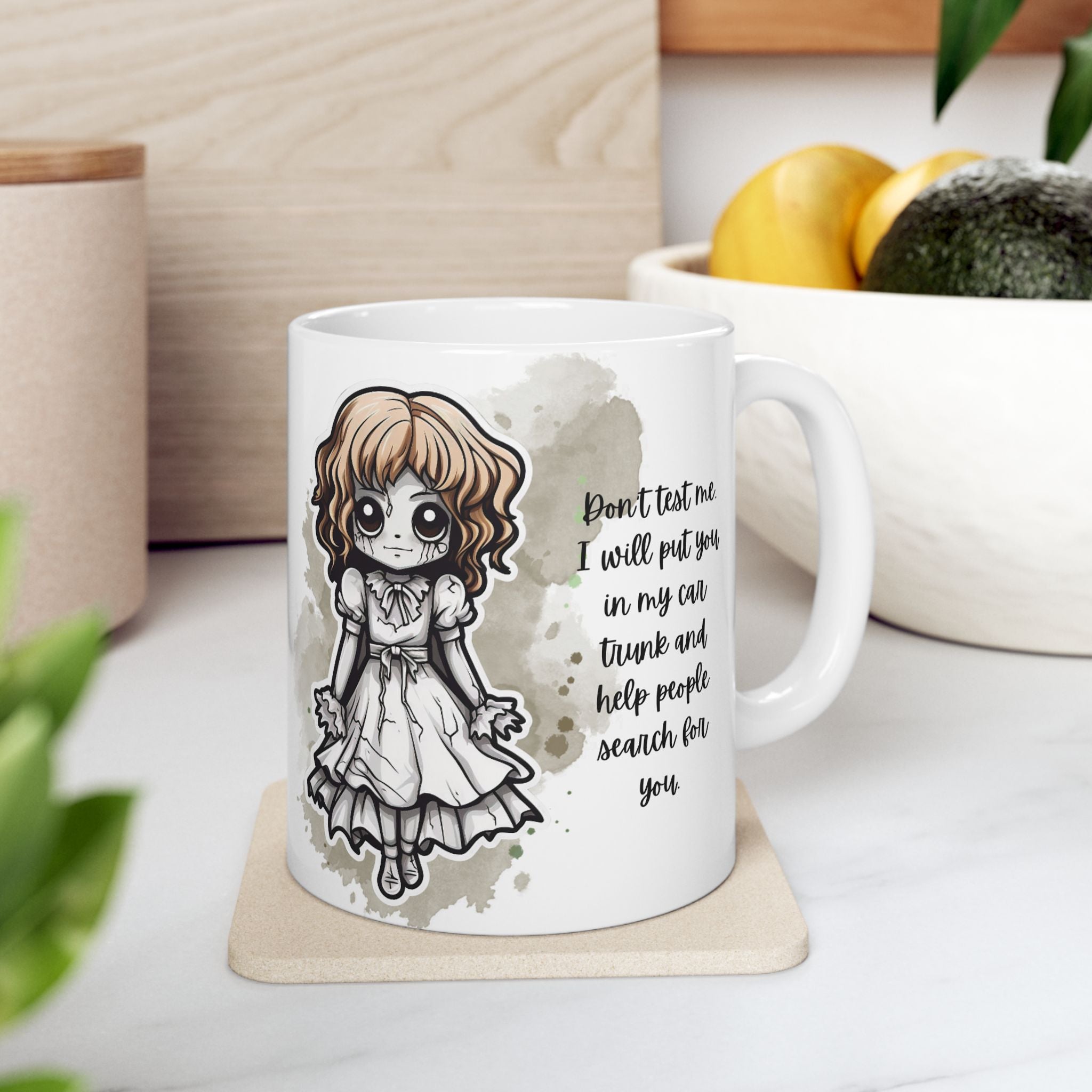 Creepy Doll Ceramic Mug with Playful Design - Perfect Gift for Friends, Family, and Special Occasions