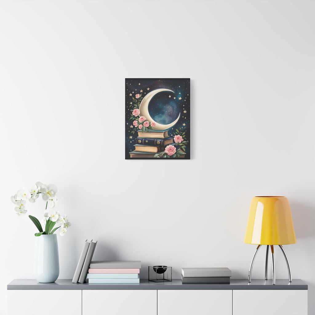 Moonlit Bookshelf Canvas Art, Starry Sky Decor, Floral Wall Art, Gift for Book Lovers, Nursery & Study Room Decoration