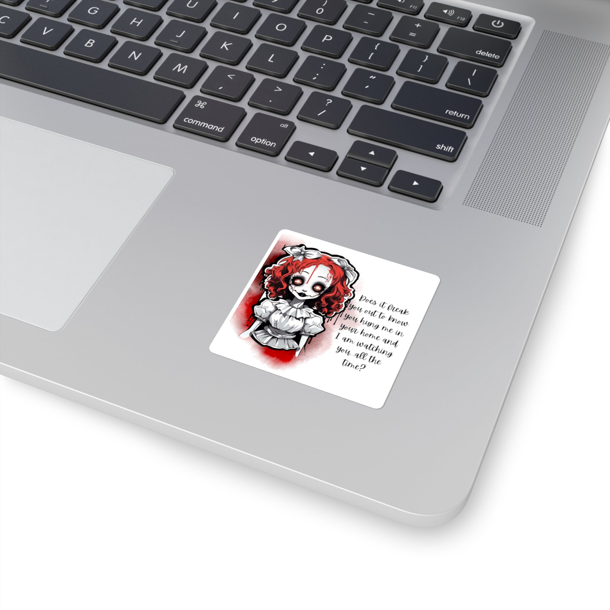 Creepy Doll Square Stickers | Spooky Decor, Laptop Stickers, Halloween Gifts, Home Decor, Unique Wall Art