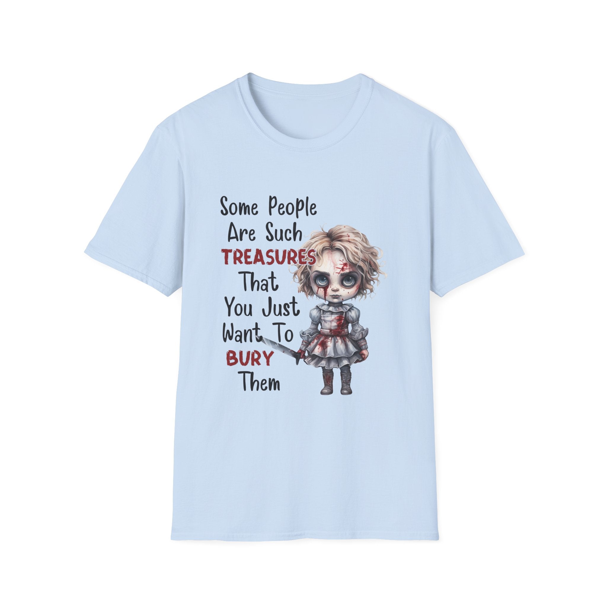 Creepy Doll Graphic Tee for Fun-Loving Souls, Funny Unisex T-Shirt, Casual Wear, Gift for Friends, Halloween and Birthday Party