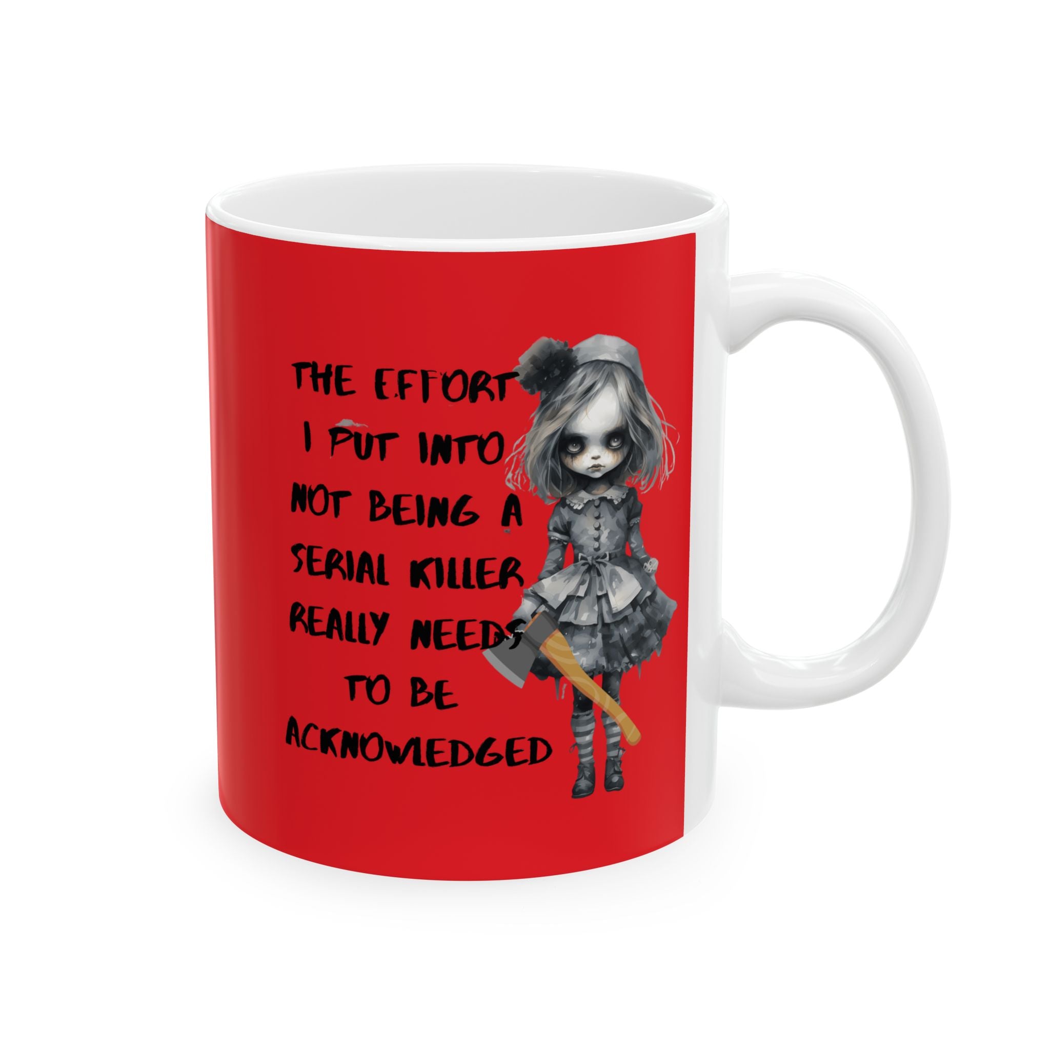 Creepy Doll Ceramic Mug - Unique Gift for Art Lovers, Coffee & Tea Enthusiasts, Home Decor, Office Supplies, Vibrant Red Design