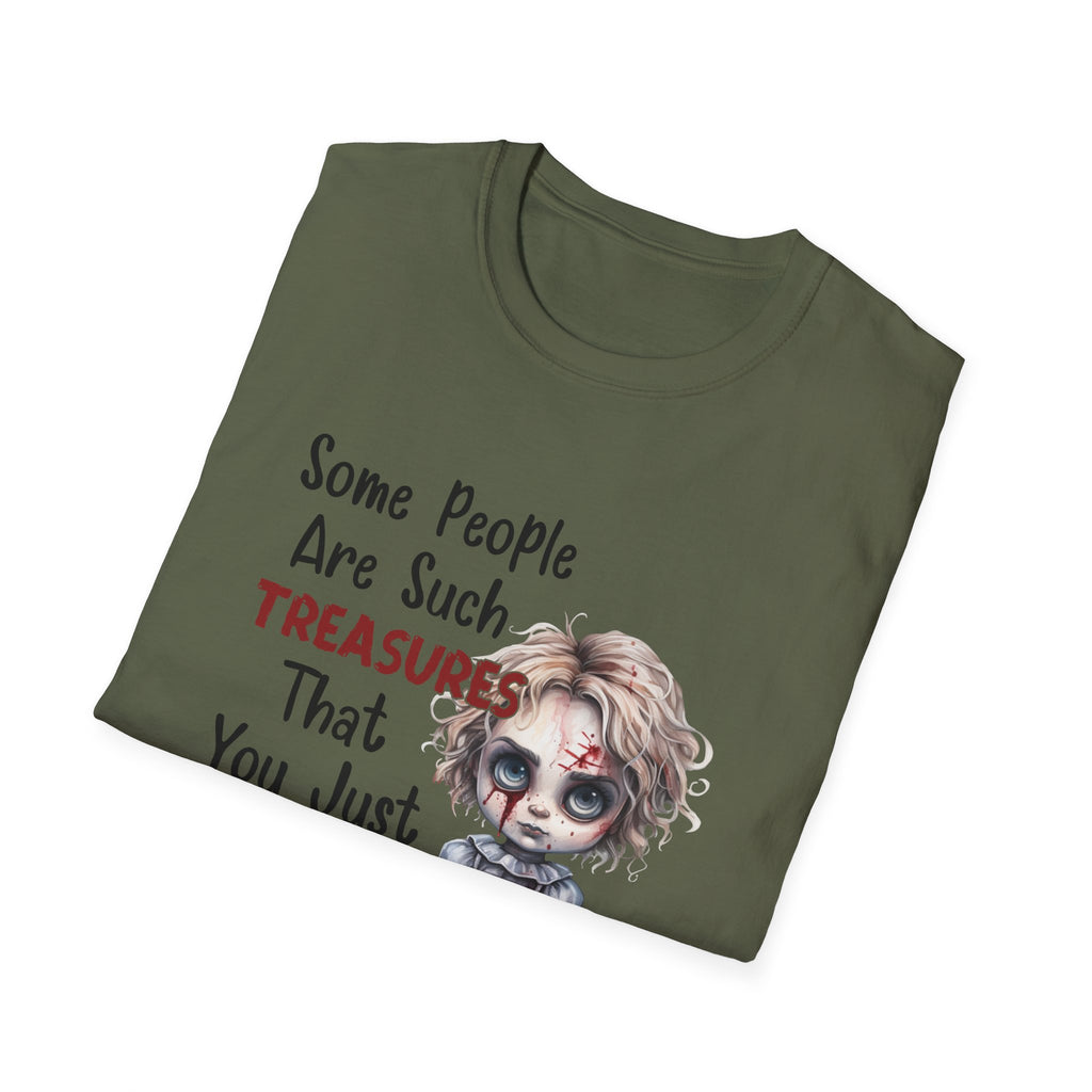 Creepy Doll Graphic Tee for Fun-Loving Souls, Funny Unisex T-Shirt, Casual Wear, Gift for Friends, Halloween and Birthday Party