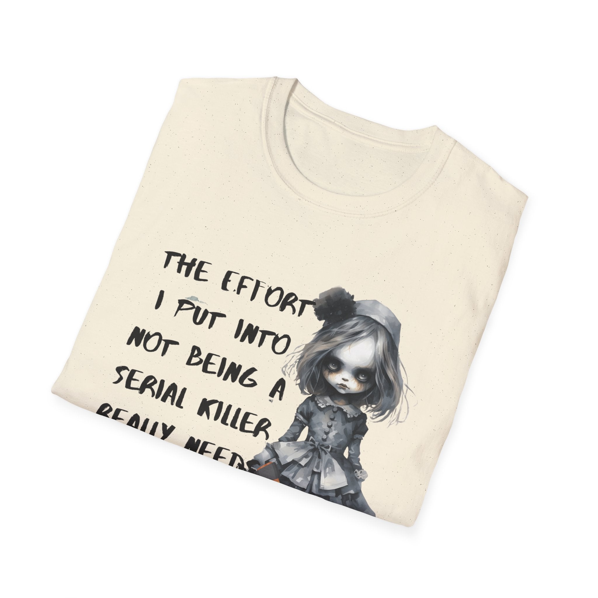 Unisex Graphic Tee with Creepy Doll Humor Design, Ideal for Quirky Fashion Lovers, Perfect for Casual Outings, Birthdays, and Halloween, [...]
