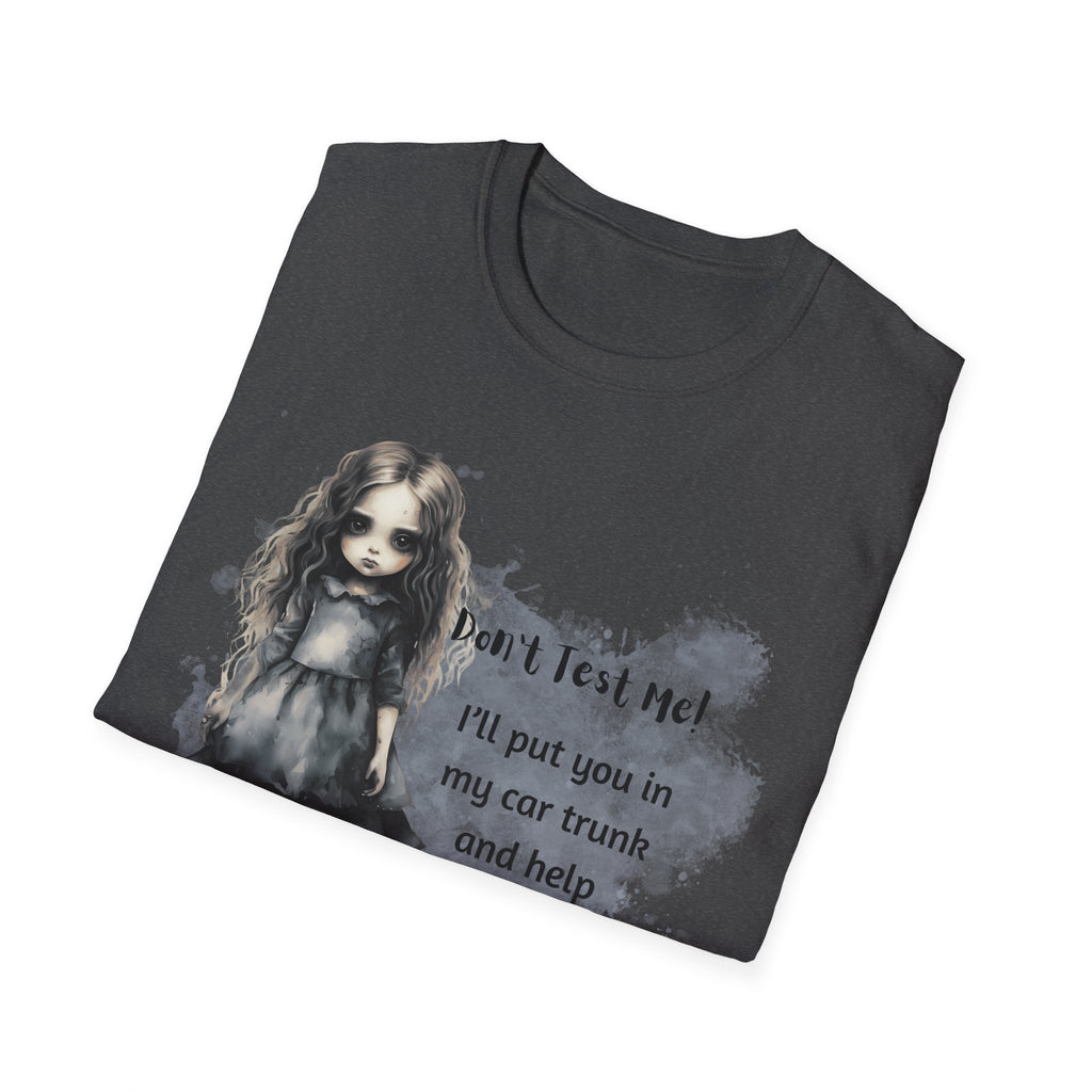 Creepy Doll  Humor T-Shirt, Unisex Softstyle Tee, Quirky Graphic Shirt, Halloween Outfit, Unique Gift Idea, Funny Apparel