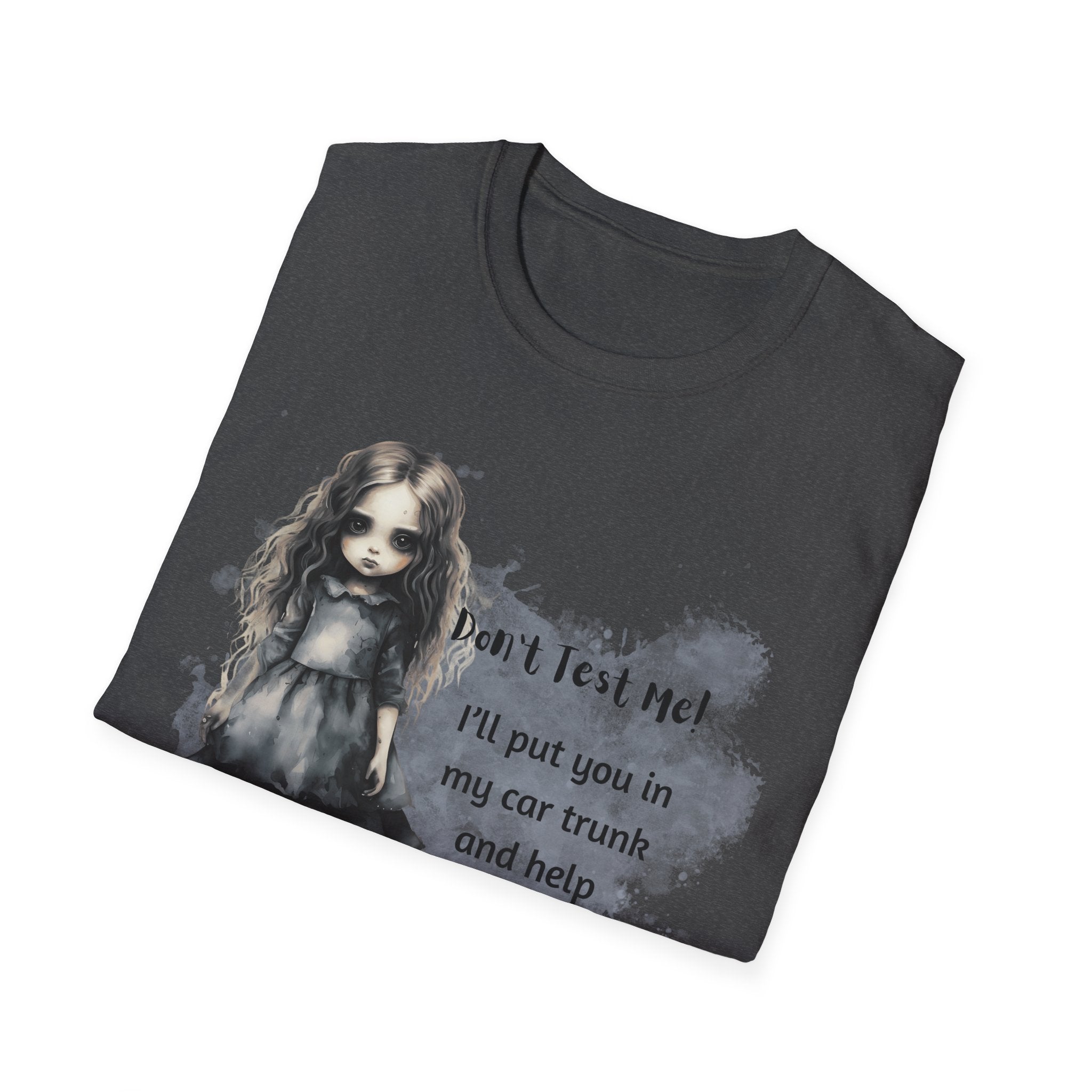 Creepy Doll  Humor T-Shirt, Unisex Softstyle Tee, Quirky Graphic Shirt, Halloween Outfit, Unique Gift Idea, Funny Apparel