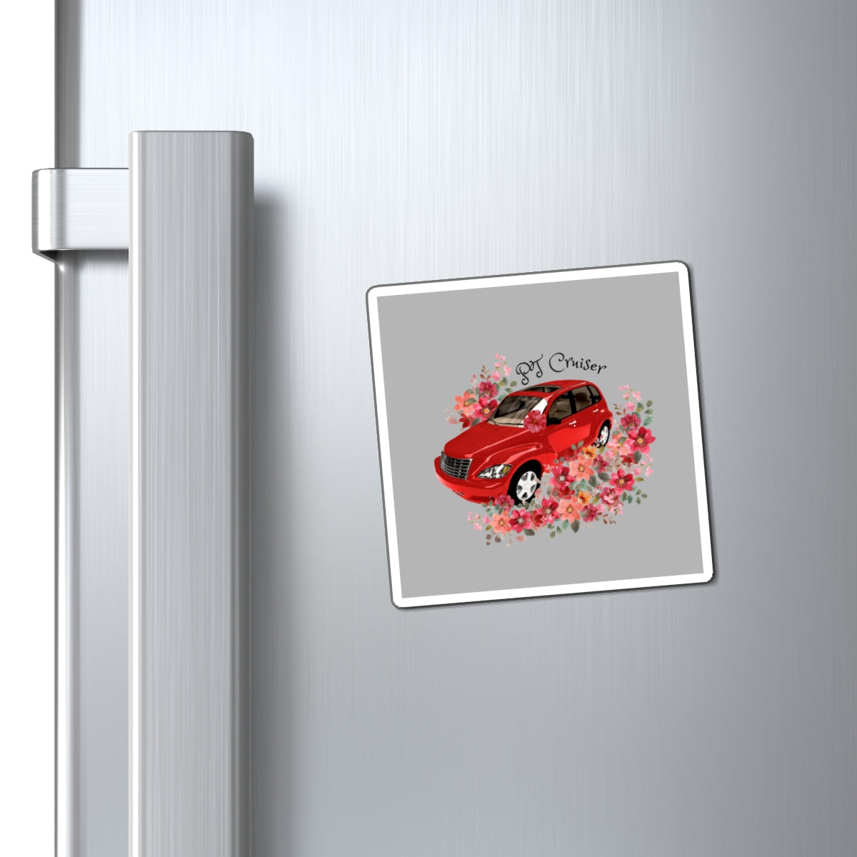 Floral PT Cruiser Magnet, Car Enthusiast Gift, Refrigerator Decor, Vintage Car Art, Flower Power Home Accent